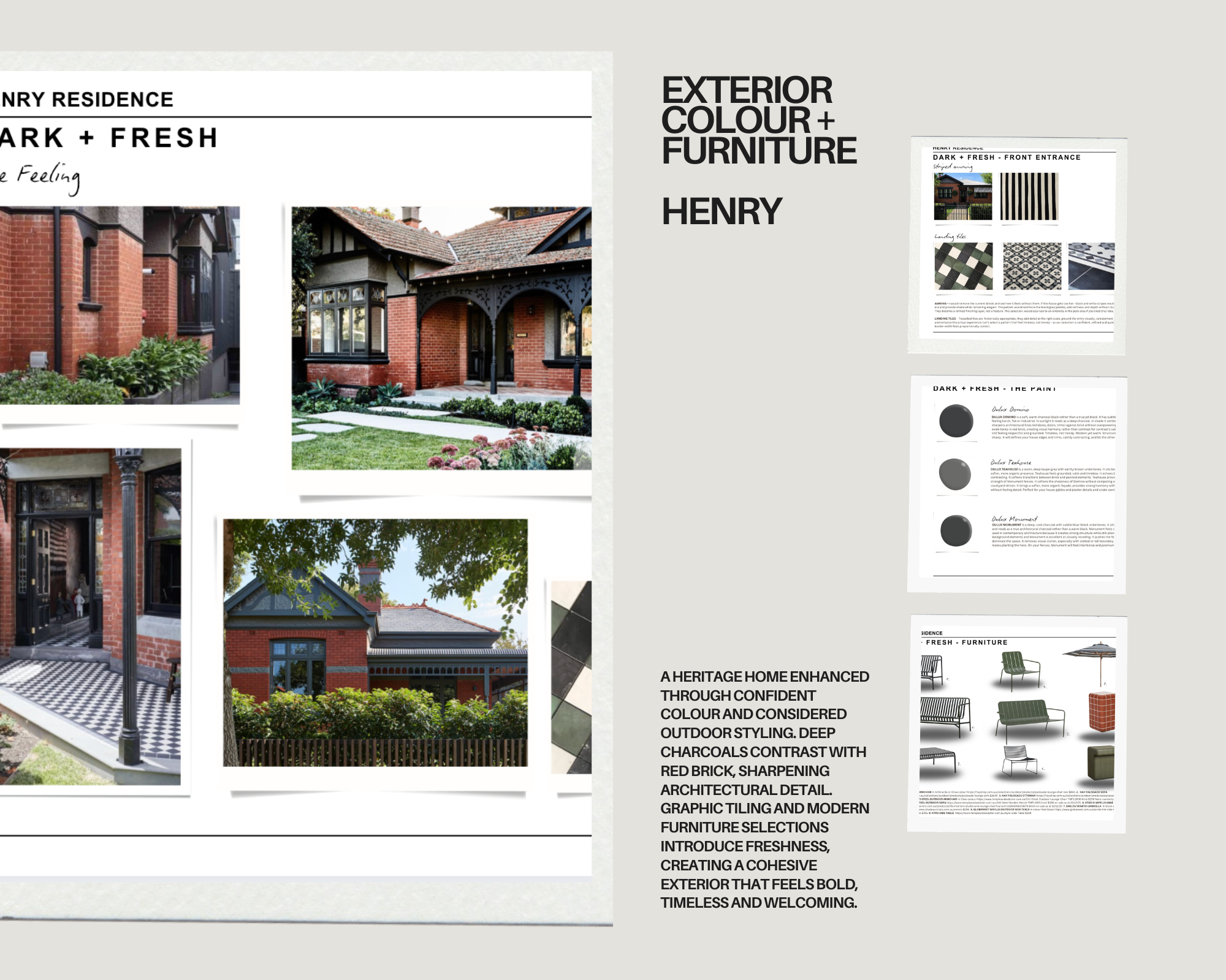 Book or magazine page featuring images of red brick houses with dark trim, black and white outdoor tiles, and modern outdoor furniture. The page discusses exterior color and furniture choices for heritage homes, emphasizing bold, timeless, and welcoming outdoor styling with contrasting charcoal and red brick accents.