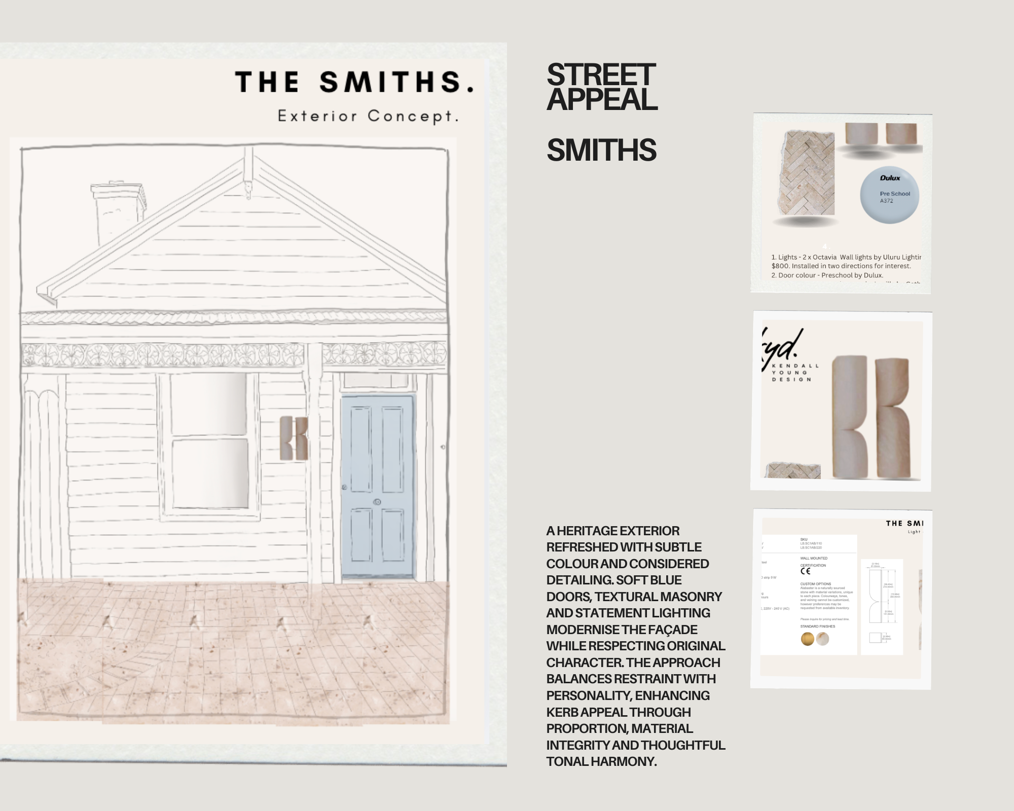 A sketch of a house exterior with a blue door, a window, and a porch. Surrounding images of paint swatches, light fixtures, and design plans. Text describes modern, heritage-inspired exterior design features.