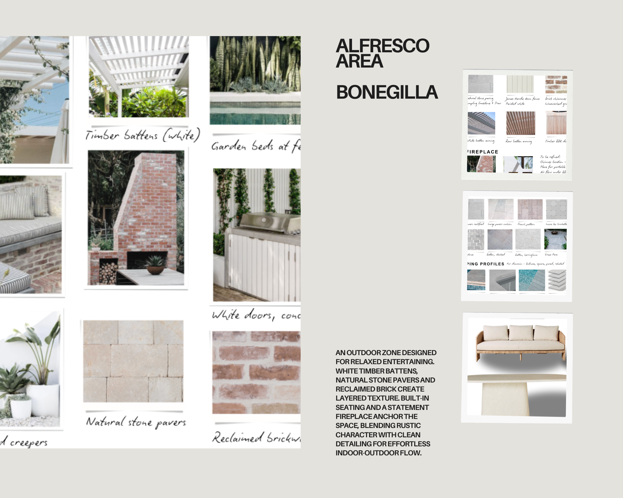 Design ideas for an outdoor alfresco area featuring white timber battens, natural stone pavers, reclaimed bricks, a brick fireplace, and white doors, with seating and greenery.