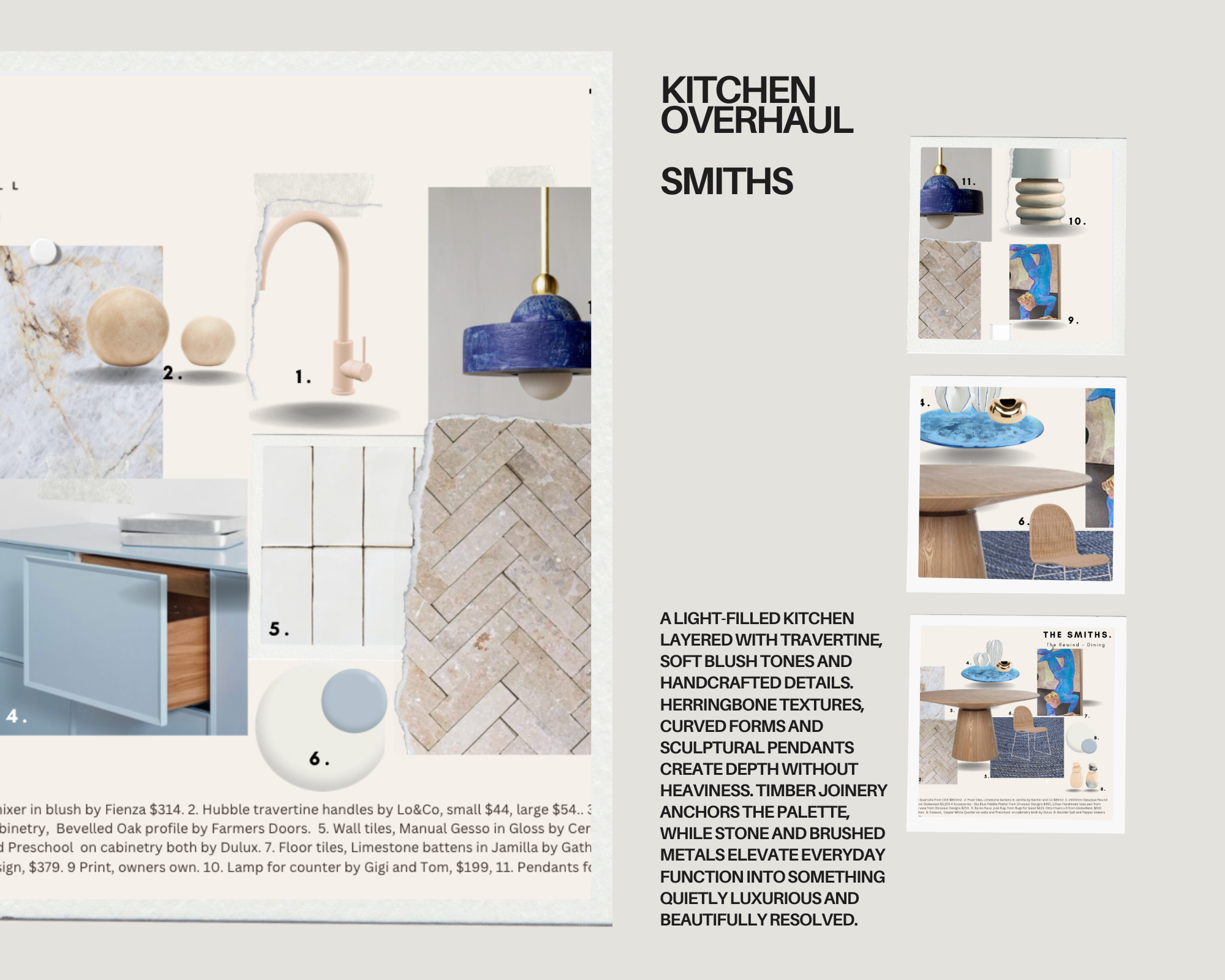 Collage of interior design elements including a blush-colored faucet, spherical vases, travertine handles, a blue pendant light, wall tiles, limestone battens, a blue and wooden table with decorative objects, and various fabric and textured materials. The layout showcases a modern, layered kitchen and living space design with earthy, soft blush tones and handcrafted details.