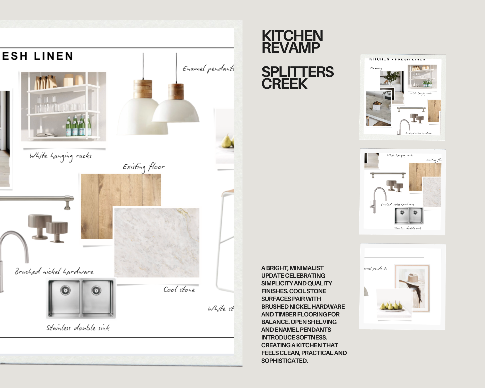 Design board for kitchen renovation with white hanging racks, champagne pendant lights, brushed nickel hardware, existing wood flooring, cool stone surface samples, and a stainless double sink, emphasizing a bright, minimalist, and practical kitchen style.