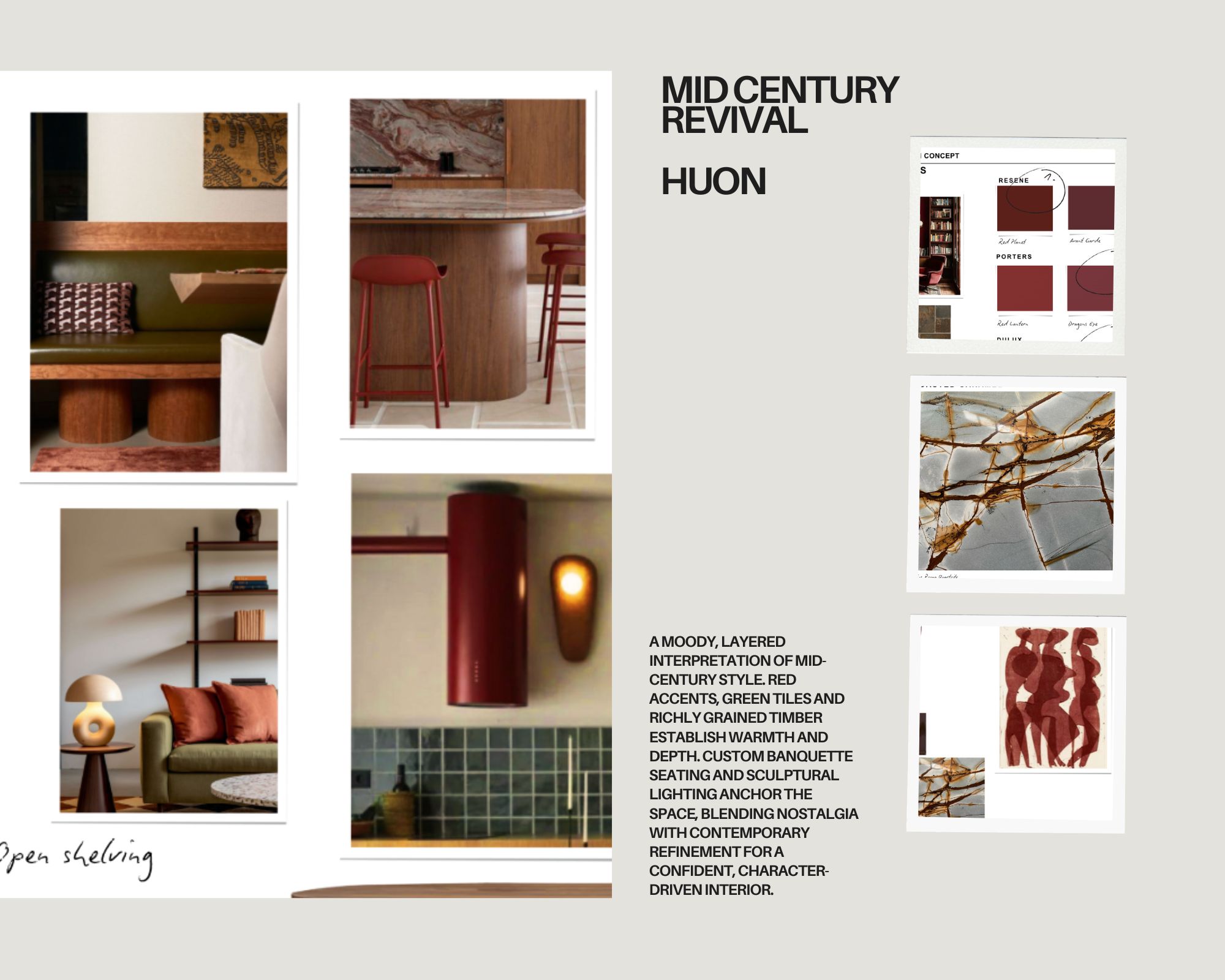 Collage of mid-century modern interior design elements, including a green sofa with rust-colored pillows, a black shelving unit with books, a red accent wall light, and various pieces of furniture and decor focused on warm tones, rich textures, and layered style.