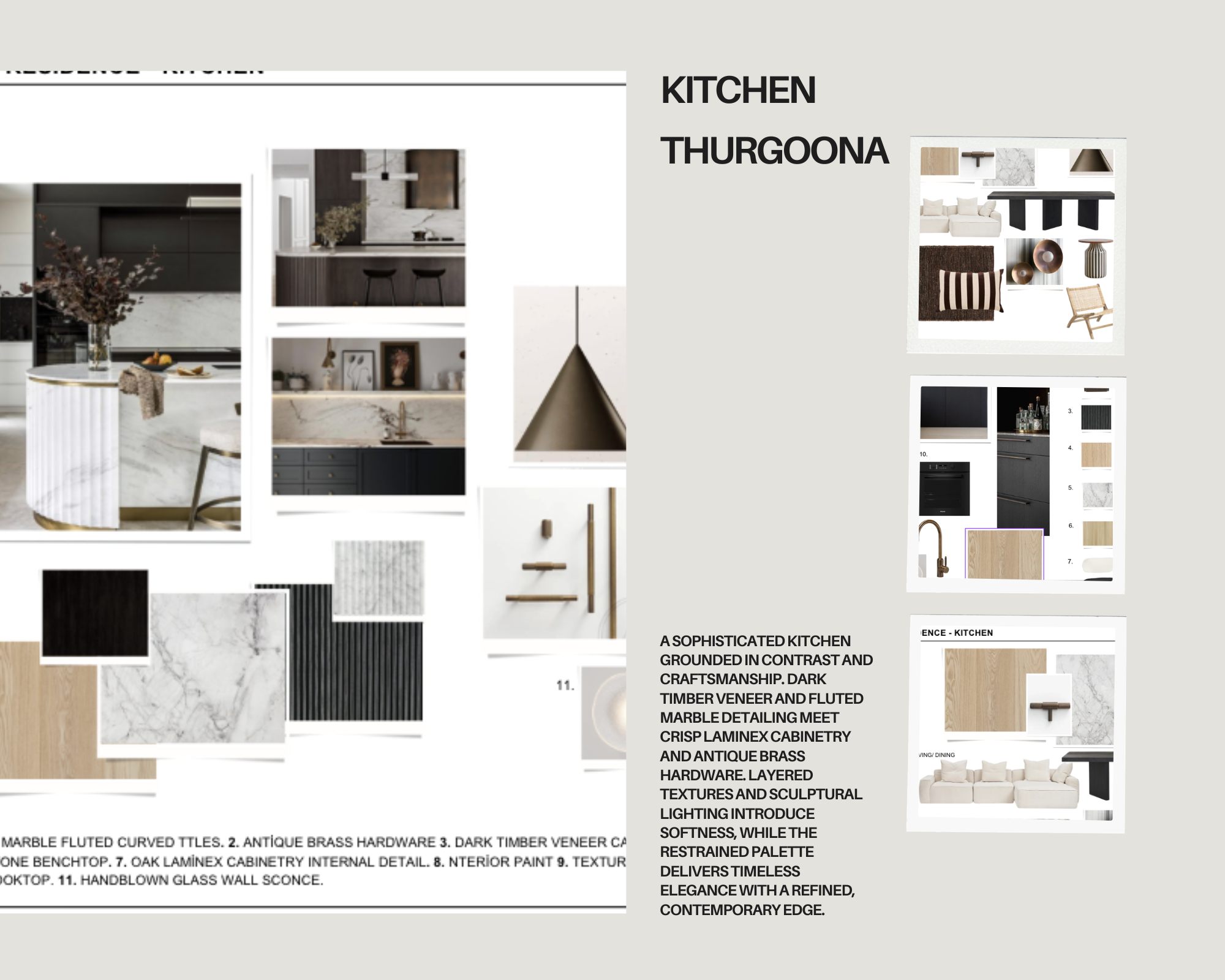 Design mood board for kitchen with photos of marble, dark timber veneer, antique brass hardware, layered textures, and sculptural lighting, emphasizing contrast, craftsmanship, and contemporary elegance.