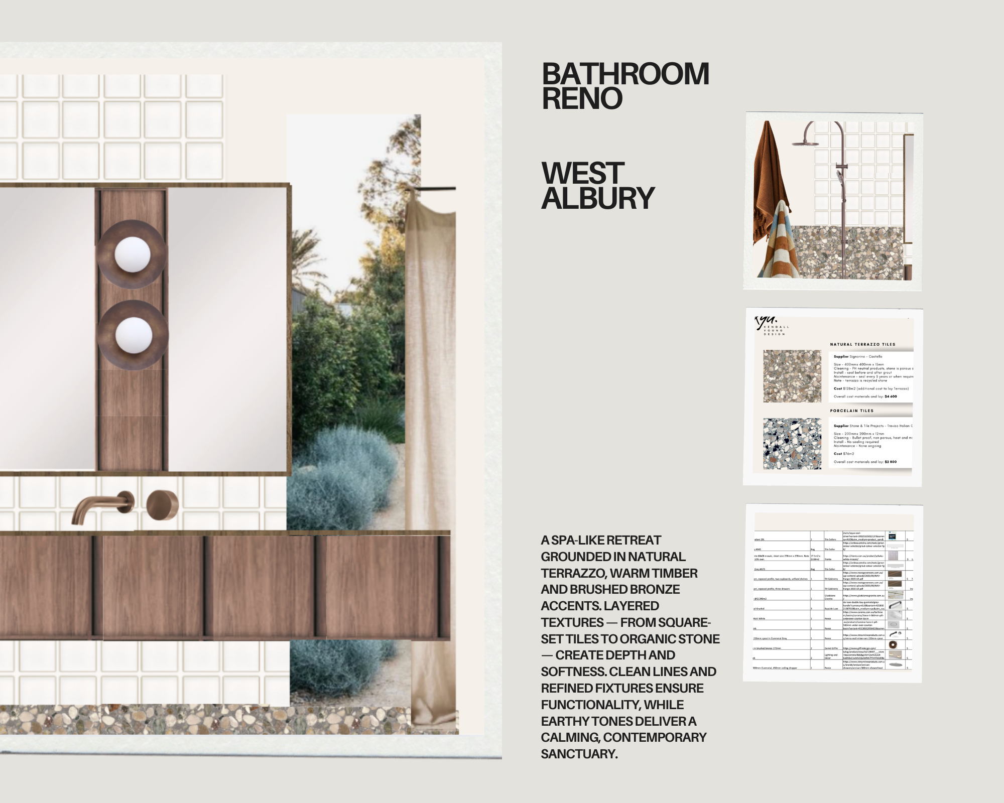 Design board for bathroom renovation featuring a natural terrazzo tile shower with a bronze and timber vanity, a textured pebble floor, and layered earth-toned accents.