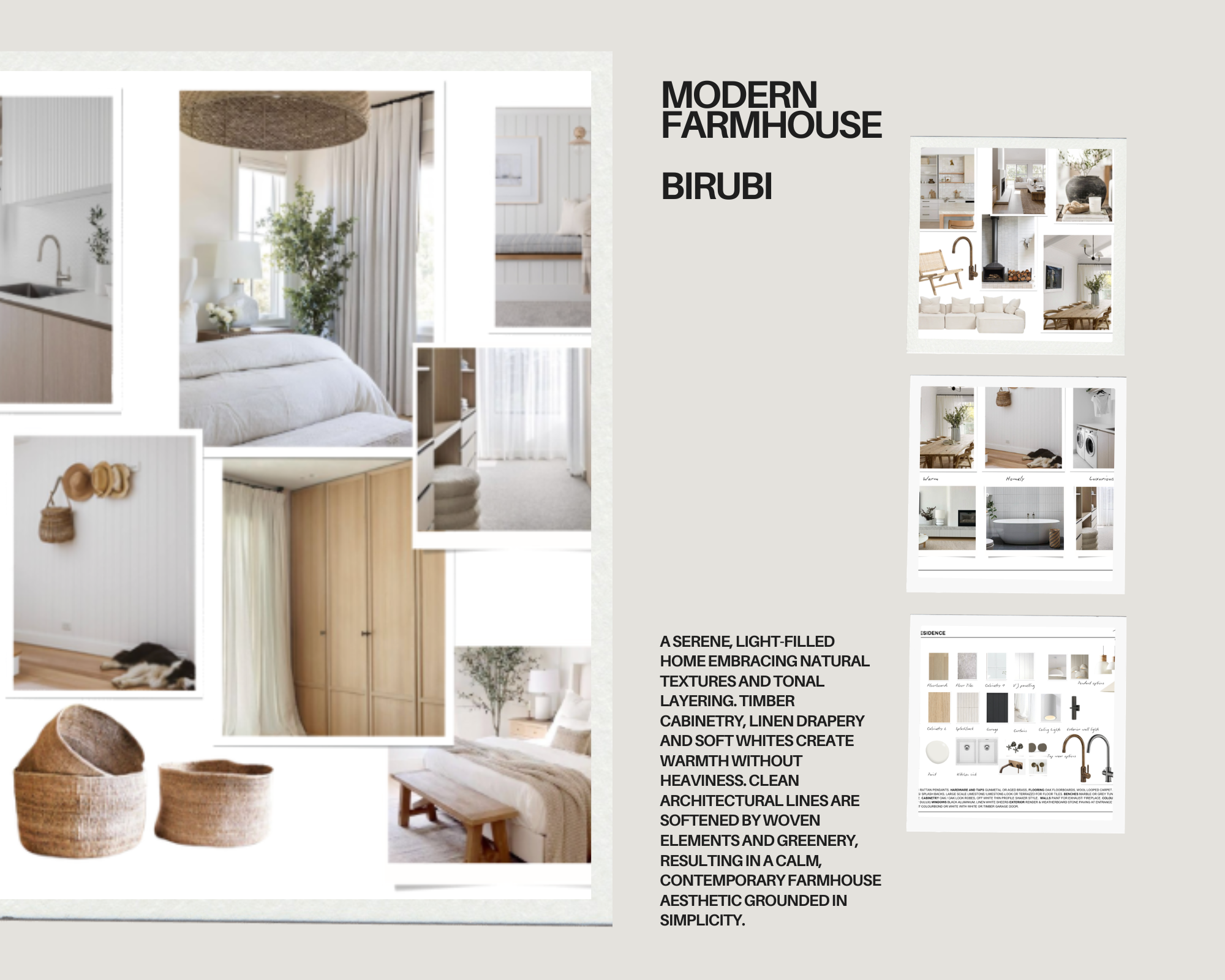 Collage of interior design images featuring a modern farmhouse style with light neutral tones, natural textures, wooden cabinetry, linen drapery, woven baskets, and cozy living spaces.