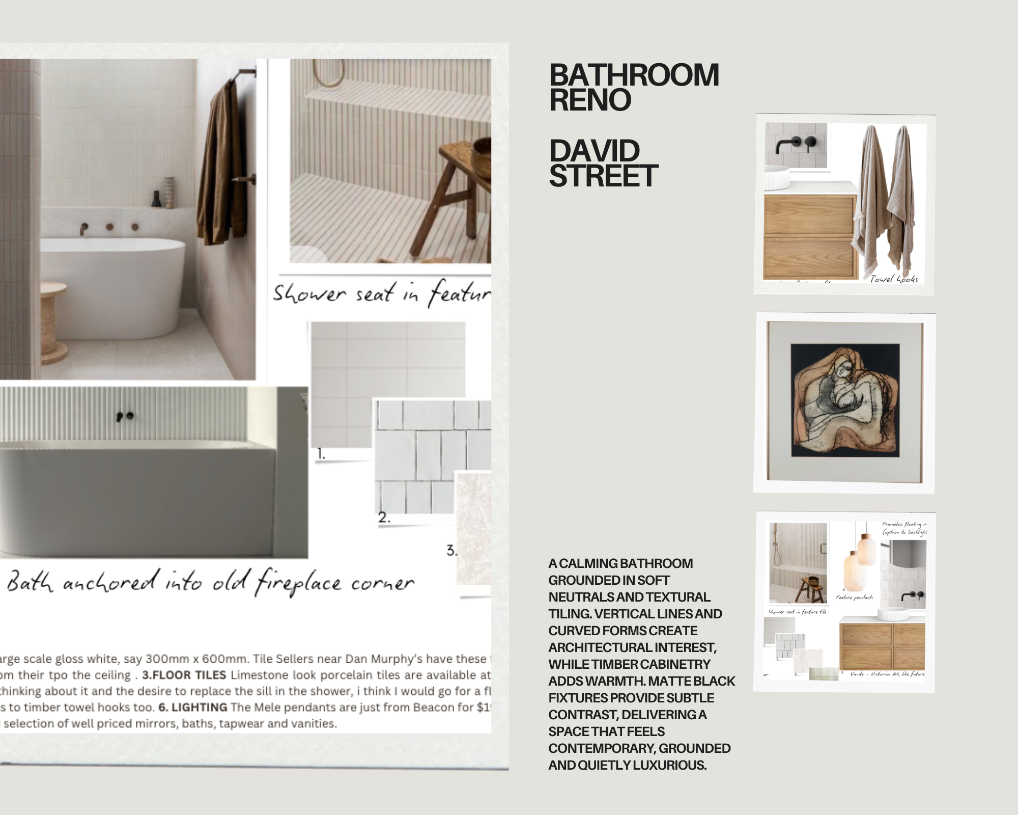 Collage of interior images and design notes of a modern, minimalist bathroom with neutral colors, wood accents, and textured tiles, featuring a bathtub, shower, and lighting fixtures.