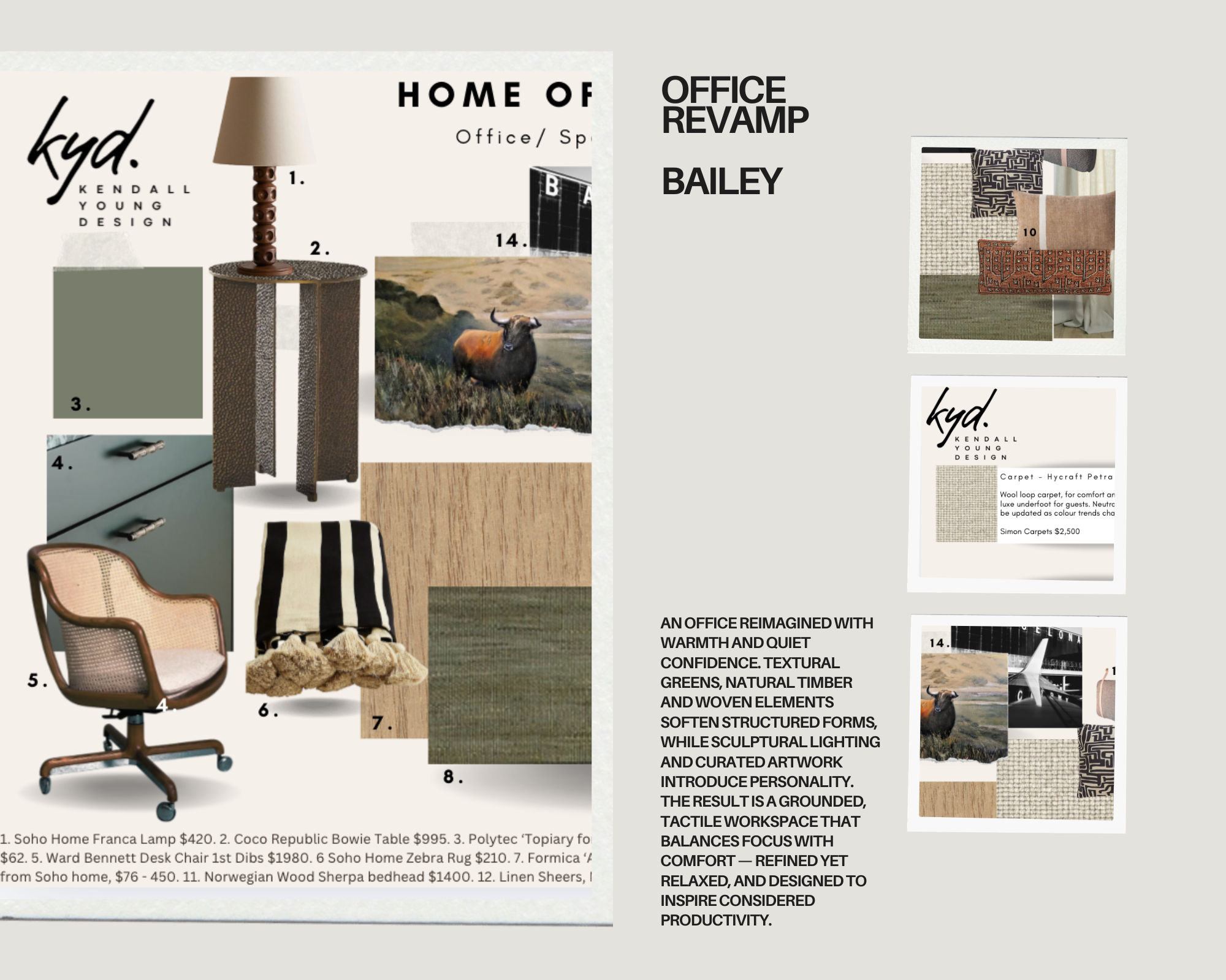Collage of interior design decor and furniture, including a lamp, side tables, artwork, a chair, rugs, and fabric swatches, with text highlighting design elements for an office space.
