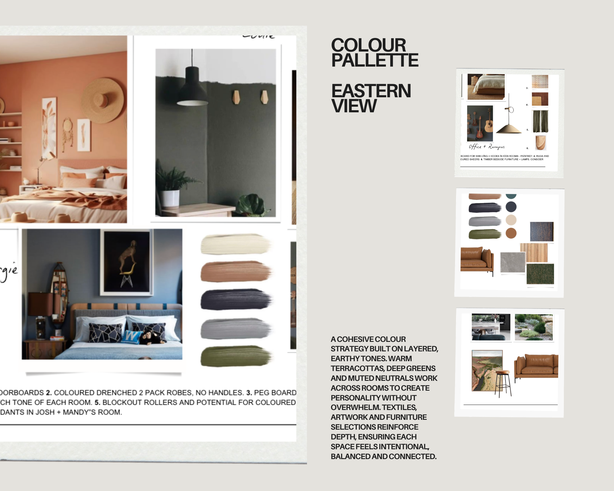 Interior design mood board featuring layered earthy tones, warm terracottas, deep greens, and neutral muted colors with bedroom decor and furniture samples.