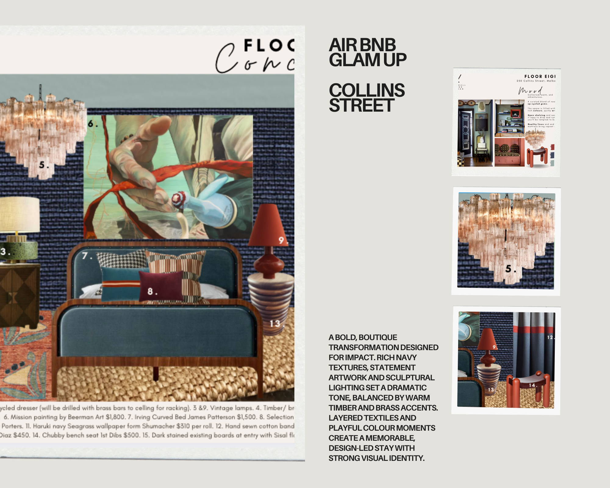 Interior of a modern bedroom with layered textiles, eclectic artwork, and vintage lamps, styled for a bold, impactful look.