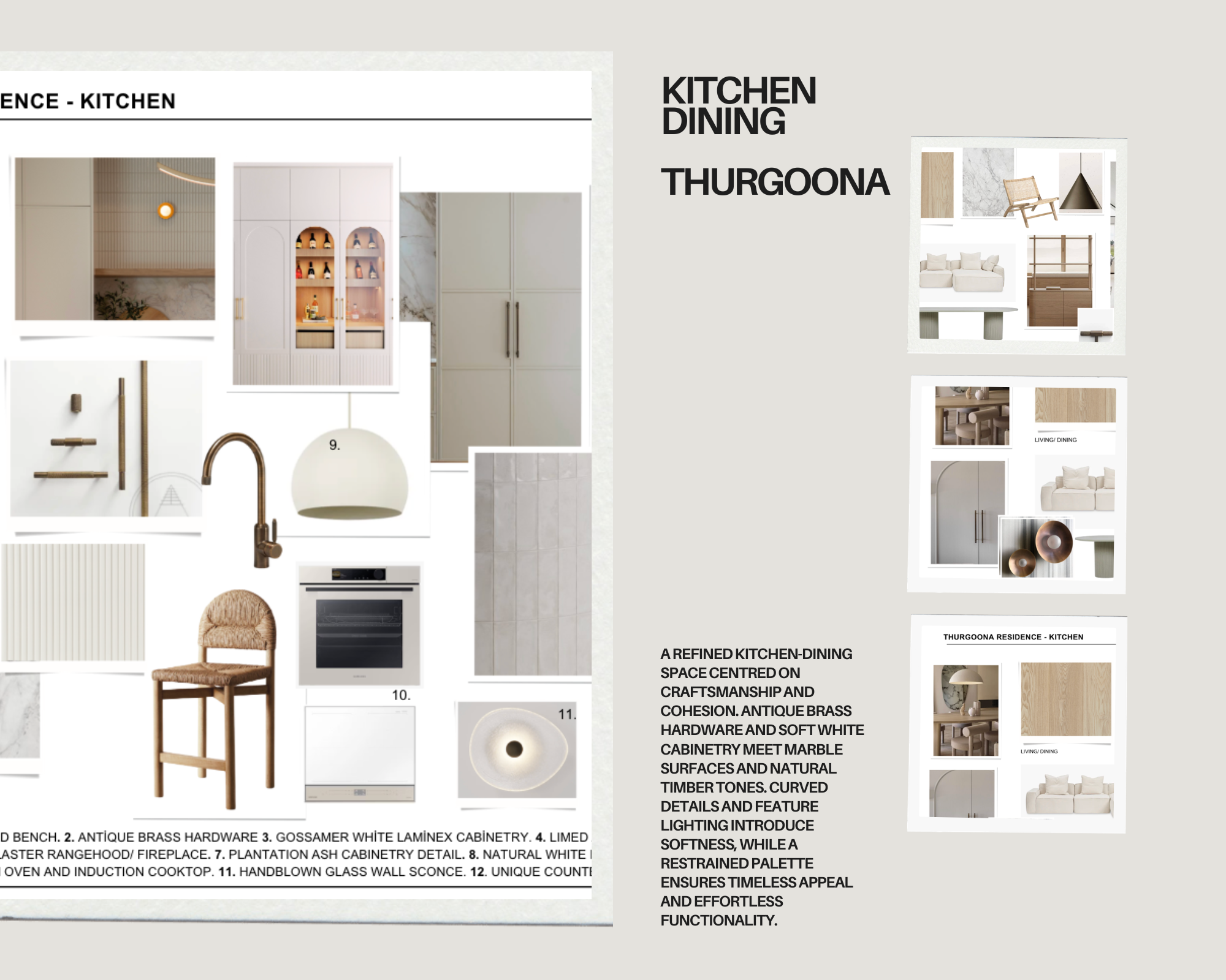 Collage of kitchen and dining room furniture and fixtures, including cabinets, a chair, a sink, a faucet, and decorative items, with text describing interior design elements and styles.