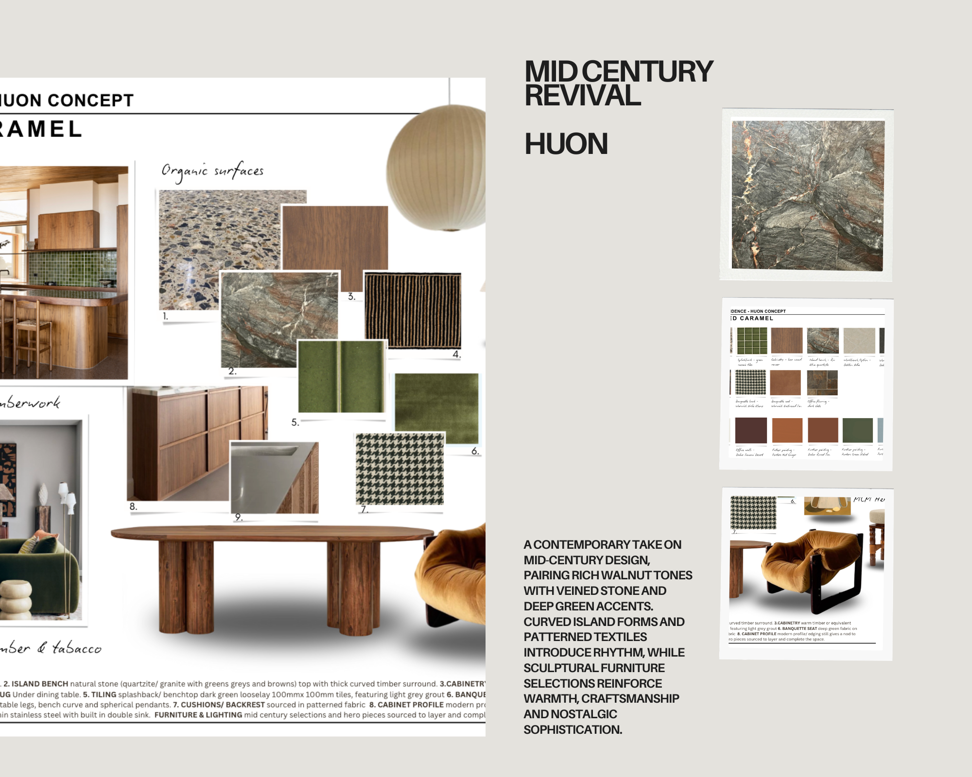 Design board showcasing mid-century modern interior design elements, including wood, stone, tile, fabric samples, and furniture pieces.