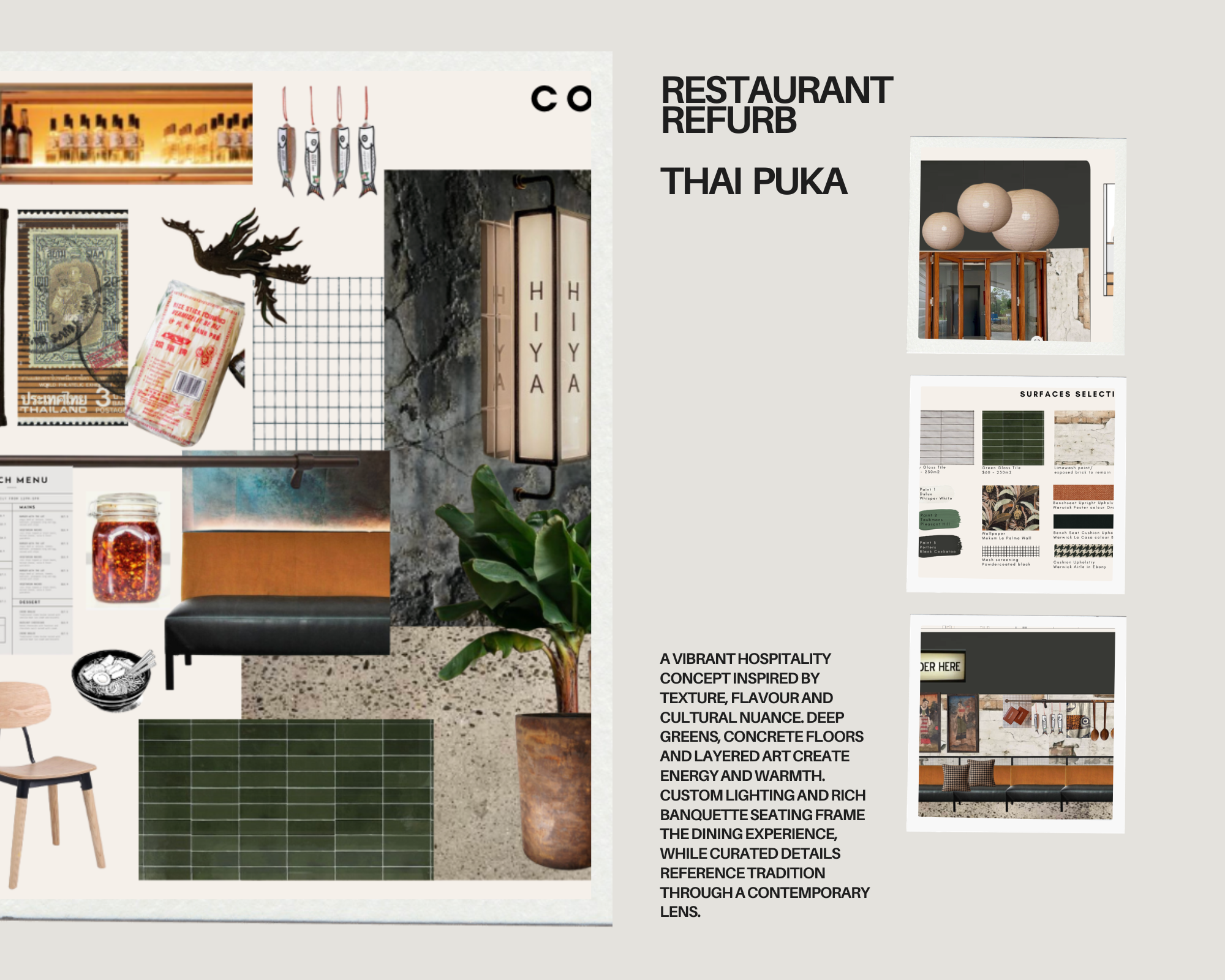Collage of images including bottles, fish, stamps, a neon sign reading 'HIYA', a menu, a jar of red chili, a black bench, a potted plant, samples of green tiles, and interior designs, with text describing a restaurant renovation inspired by texture, flavor, and culture.