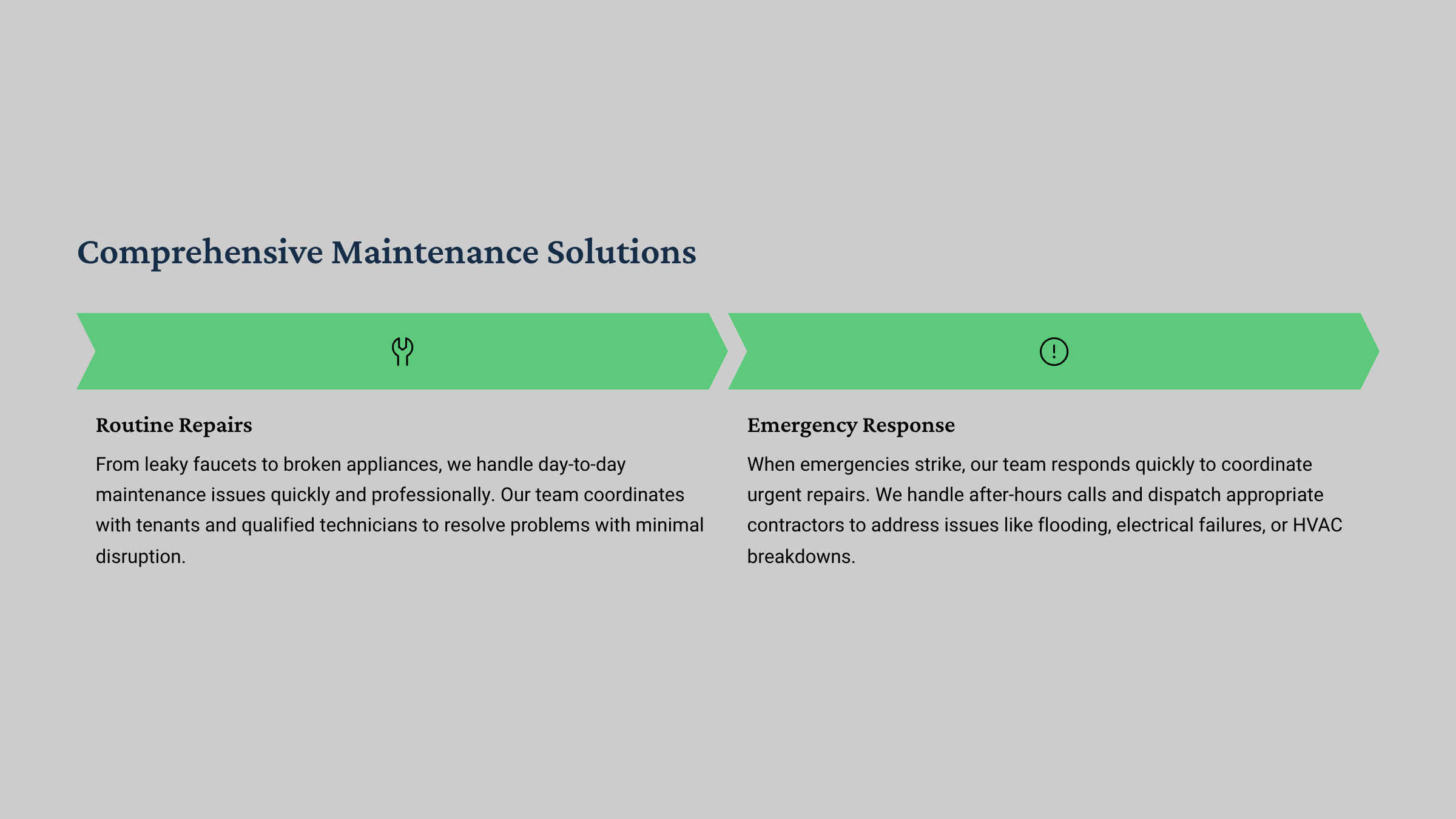 Flowchart titled 'Comprehensive Maintenance Solutions' with two sections: 'Routine Repairs' on the left, featuring a wrench icon, and 'Emergency Response' on the right, with an exclamation mark icon, on a gray background.
