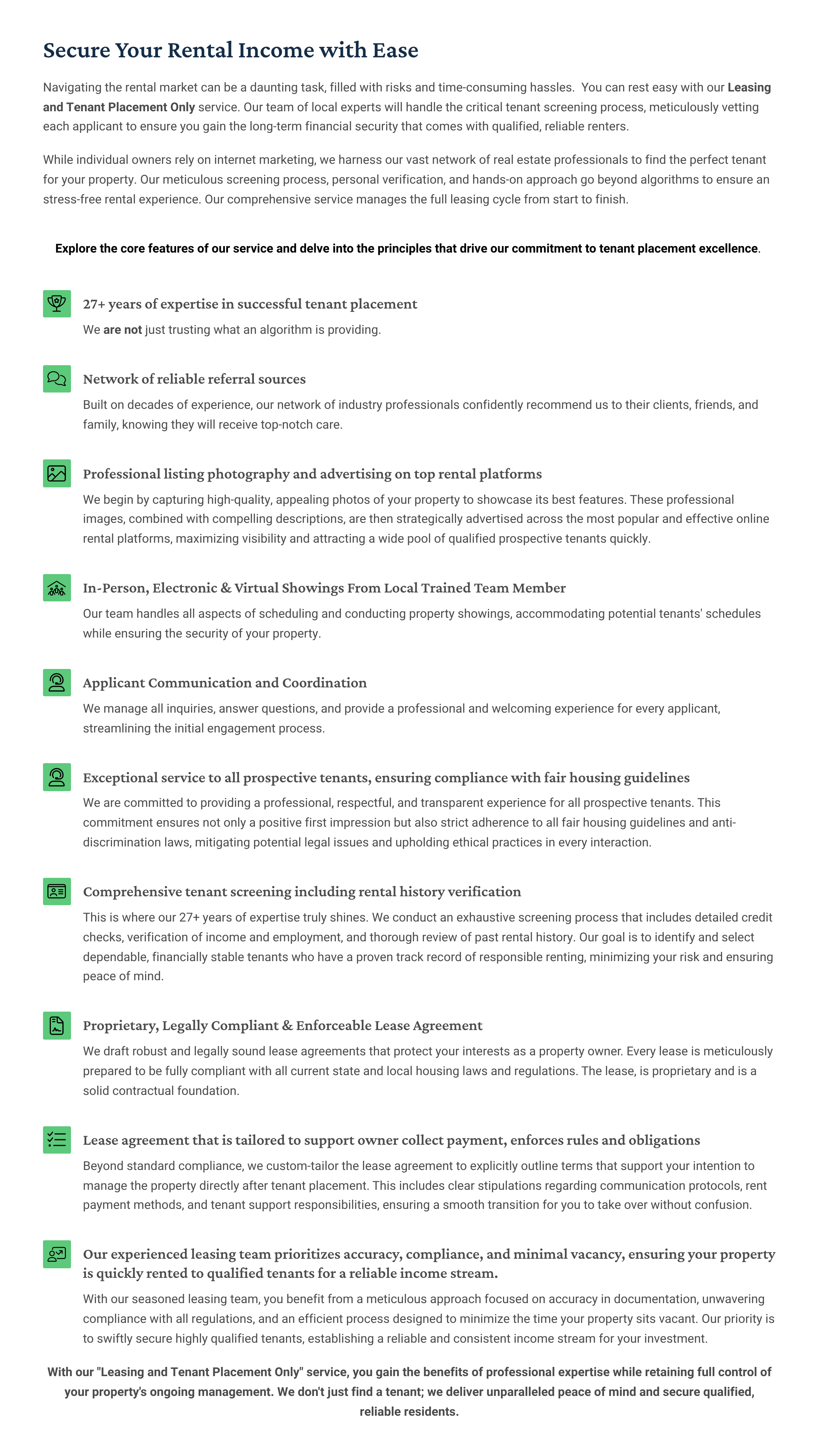 Webpage with a title 'Secure Your Rental Income with Ease' and detailed text about rental property management services, including features like tenant placement, background checks, lease agreements, and online showings.
