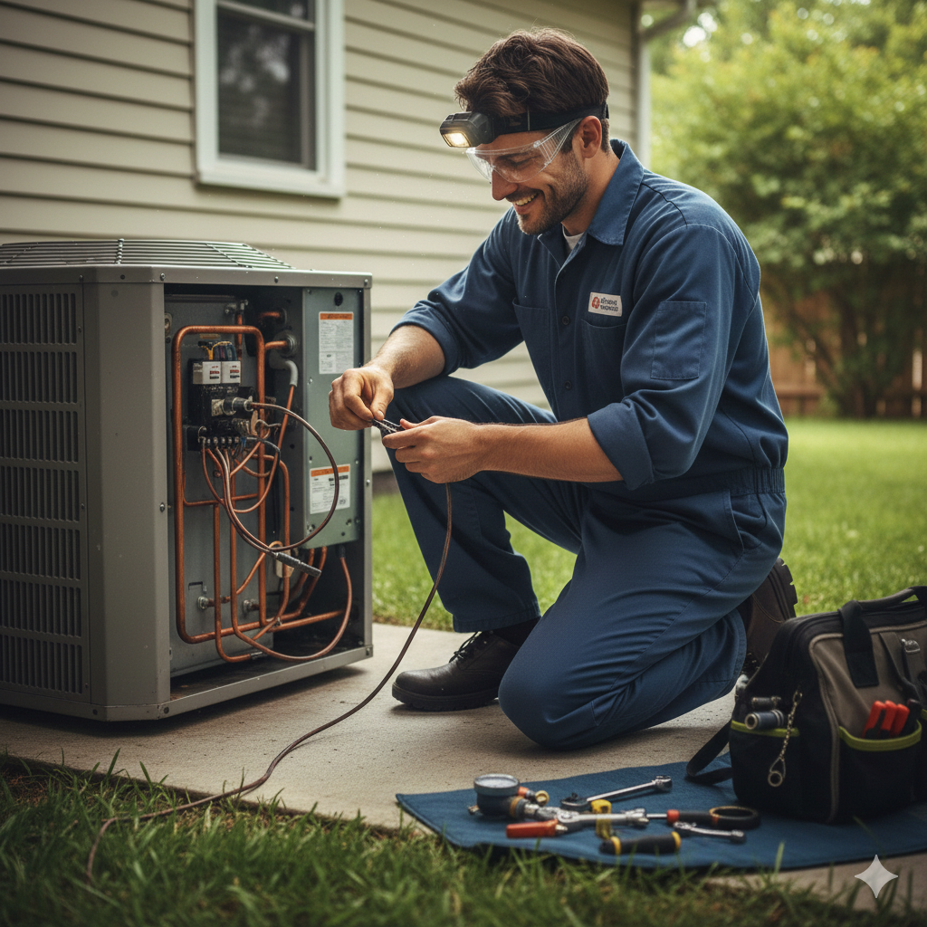 A technician wearing safety glasses, a headlamp, and a navy blue uniform kneels outside next to an air conditioning unit, working on the electrical components with tools laid out on a blue mat.