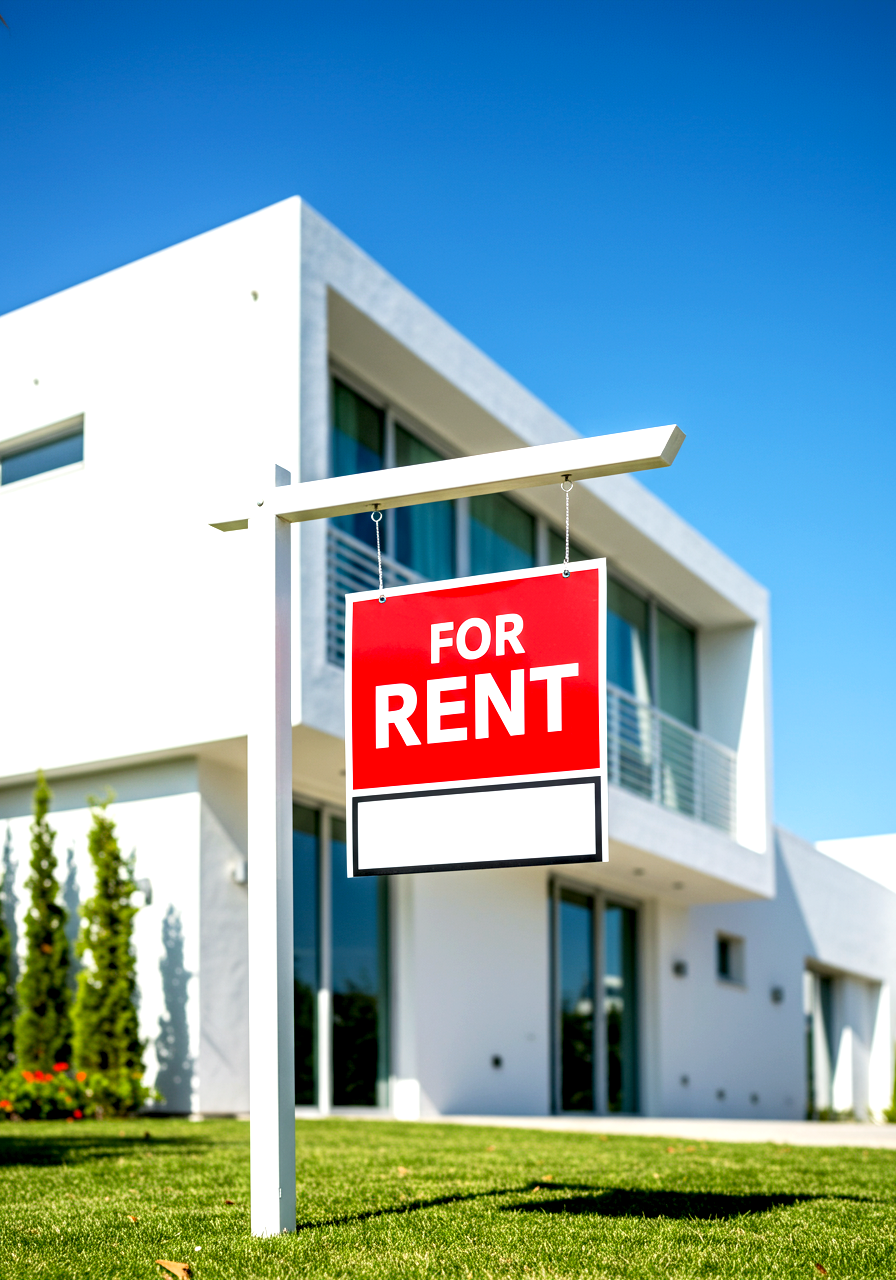 Modern white two-story house with a "For Rent" sign in the front yard, green lawn, and clear blue sky.