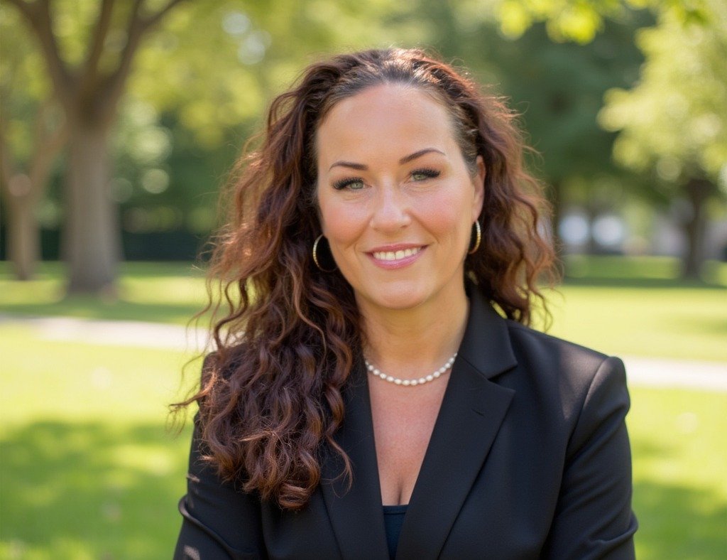 A woman with long, curly brown hair wearing a black blazer, pearl necklace, and hoop earrings, standing outdoors in a park with green grass and trees in the background.