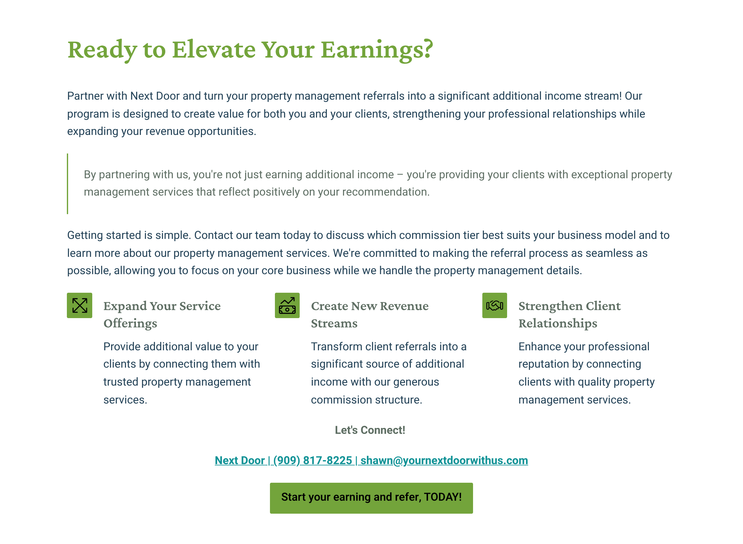 Promotional webpage for real estate referral program with green icon headings and a call-to-action button.