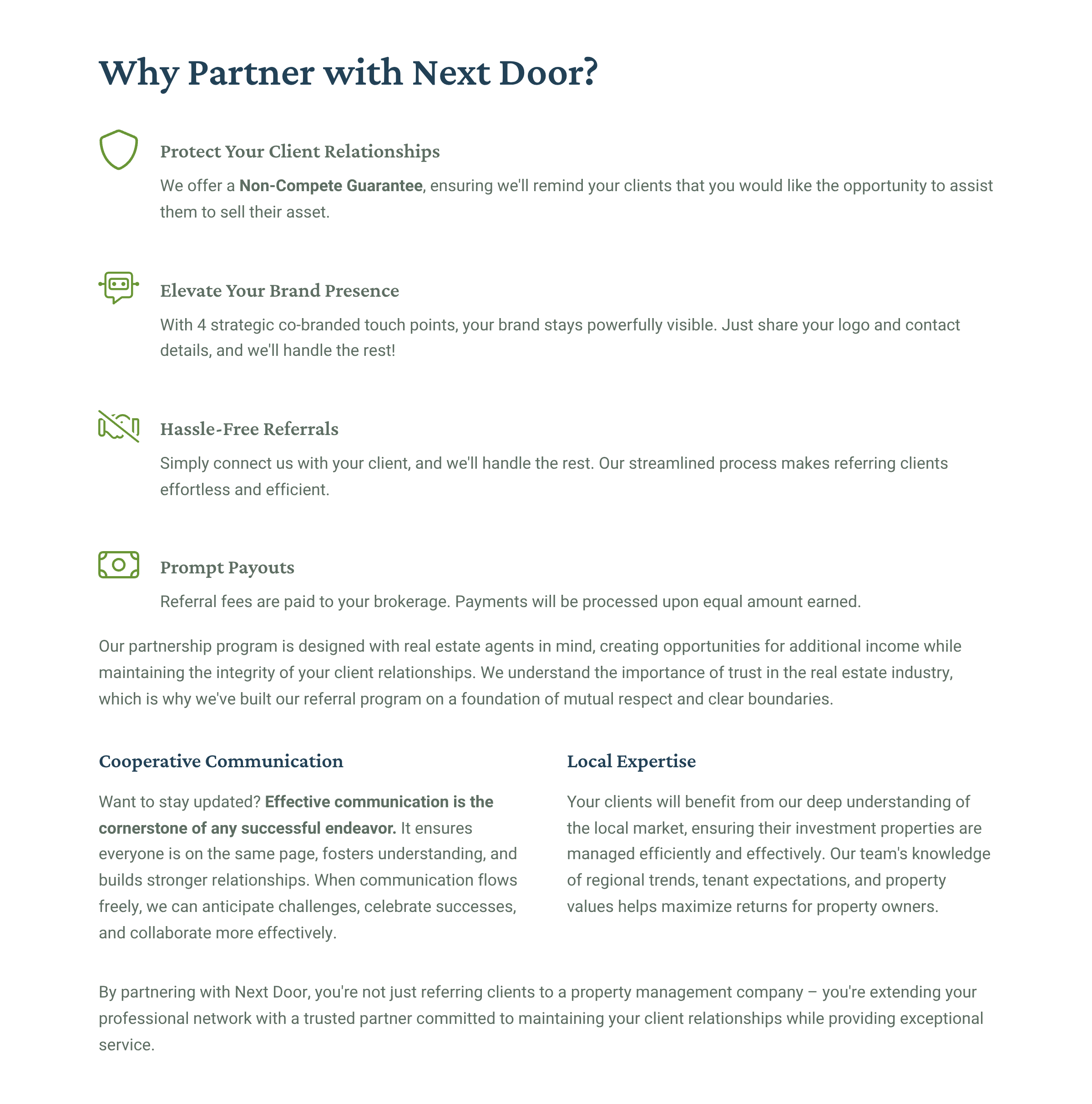 A marketing flyer with the title 'Why Partner with Next Door?' listing benefits such as protecting client relationships, elevating brand presence, hassle-free referrals, and prompt payouts, with sections on communication and local expertise.