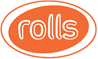 Logo of ROLLS, an orange oval with white text.