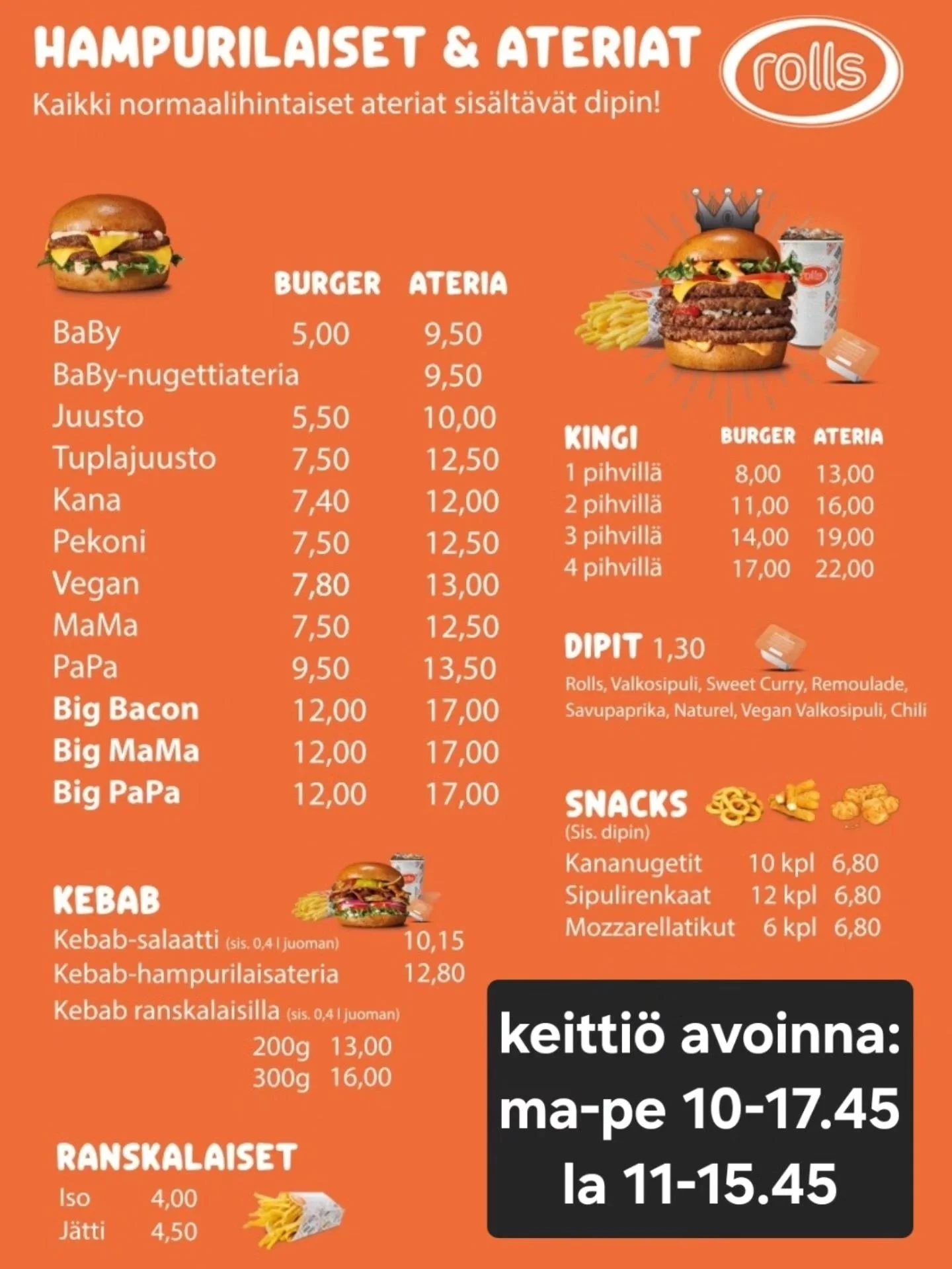 Menu in Finnish offering hamburgers, kebabs, fries, drinks, and snacks from Rolls restaurant. Items include various burgers, kebab salads, fries with different sauces, and snack options like onion rings and mozzarella sticks.