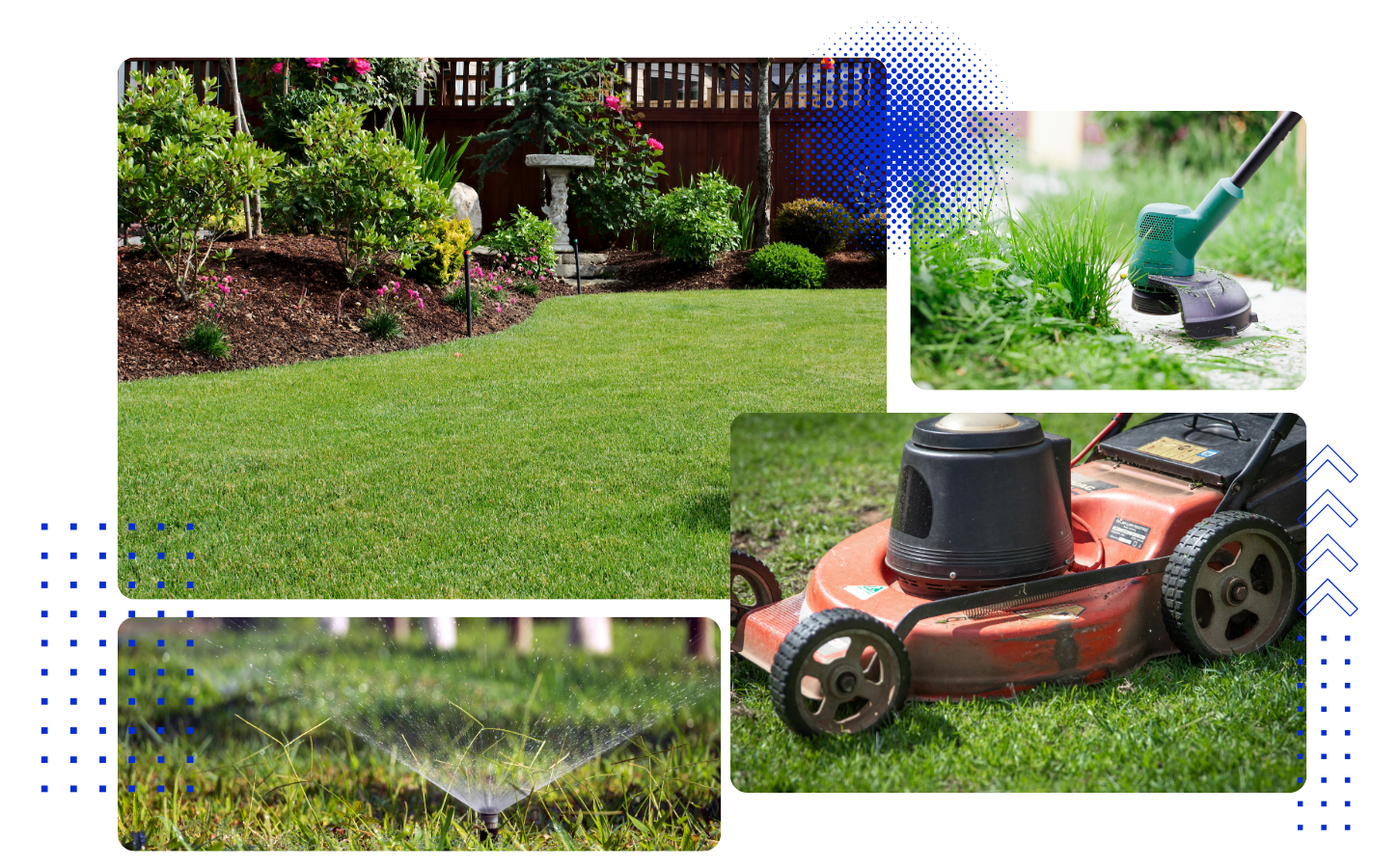 A manicured backyard with a lush green lawn, flower beds with pink and green plants, a stone birdbath, and a wooden fence. Inset images show a trimmer cutting grass, a lawn mower on the grass, and a sprinkler watering the lawn.
