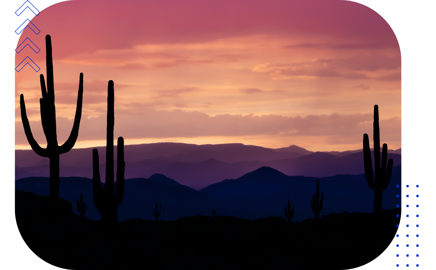Silhouettes of saguaro cacti in a desert landscape at sunset with mountains in the distance and a colorful sky.