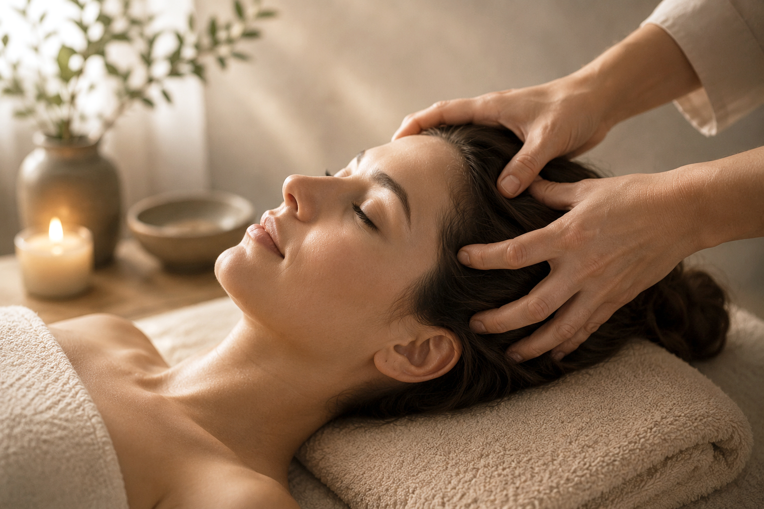 A woman receiving a massage in a spa setting, lying with eyes closed, face relaxed, with candles and a plant in the background.