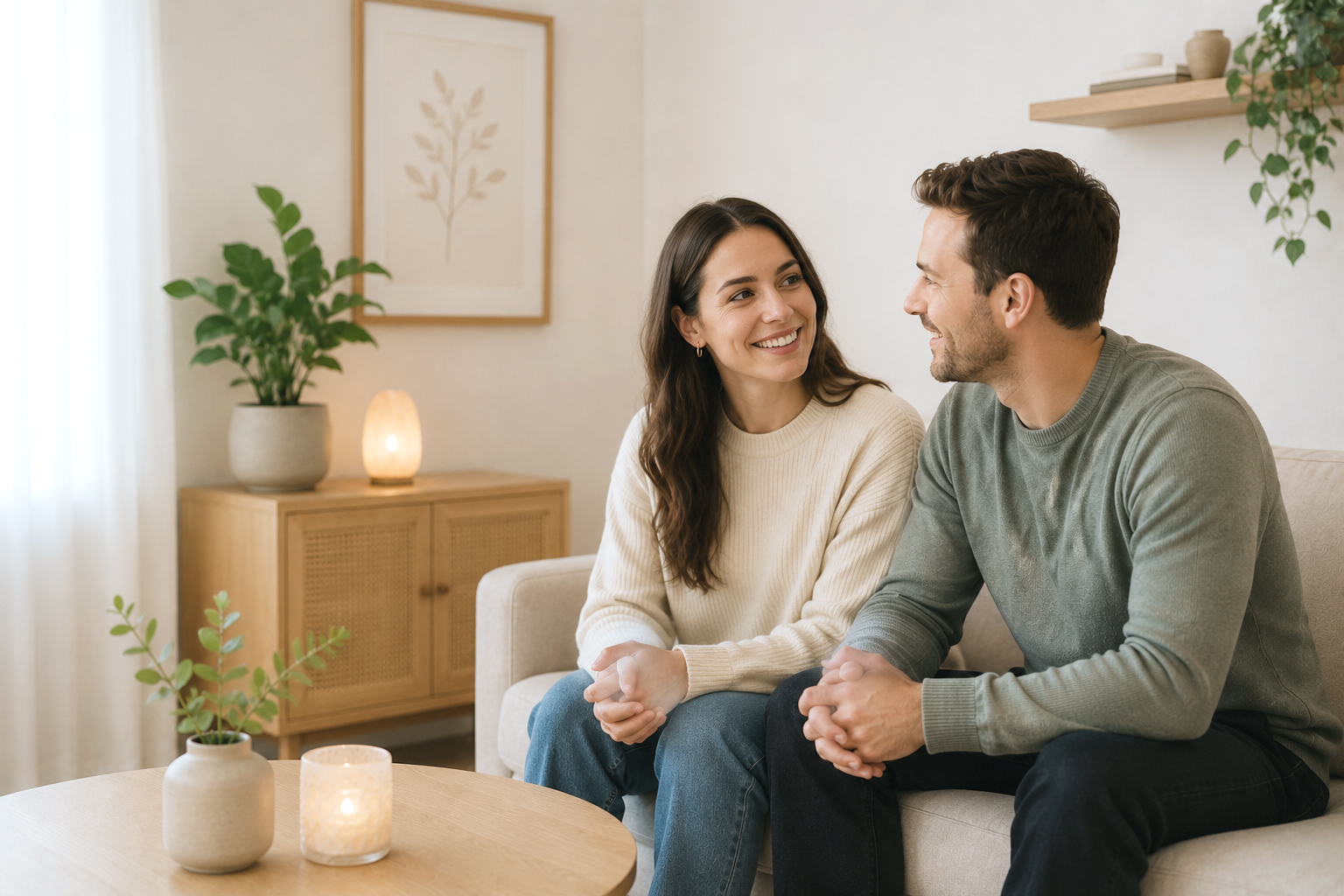 A smiling woman and man sitting on a beige couch, talking and enjoying each other's company in a cozy, well-lit living room with houseplants and wall art.