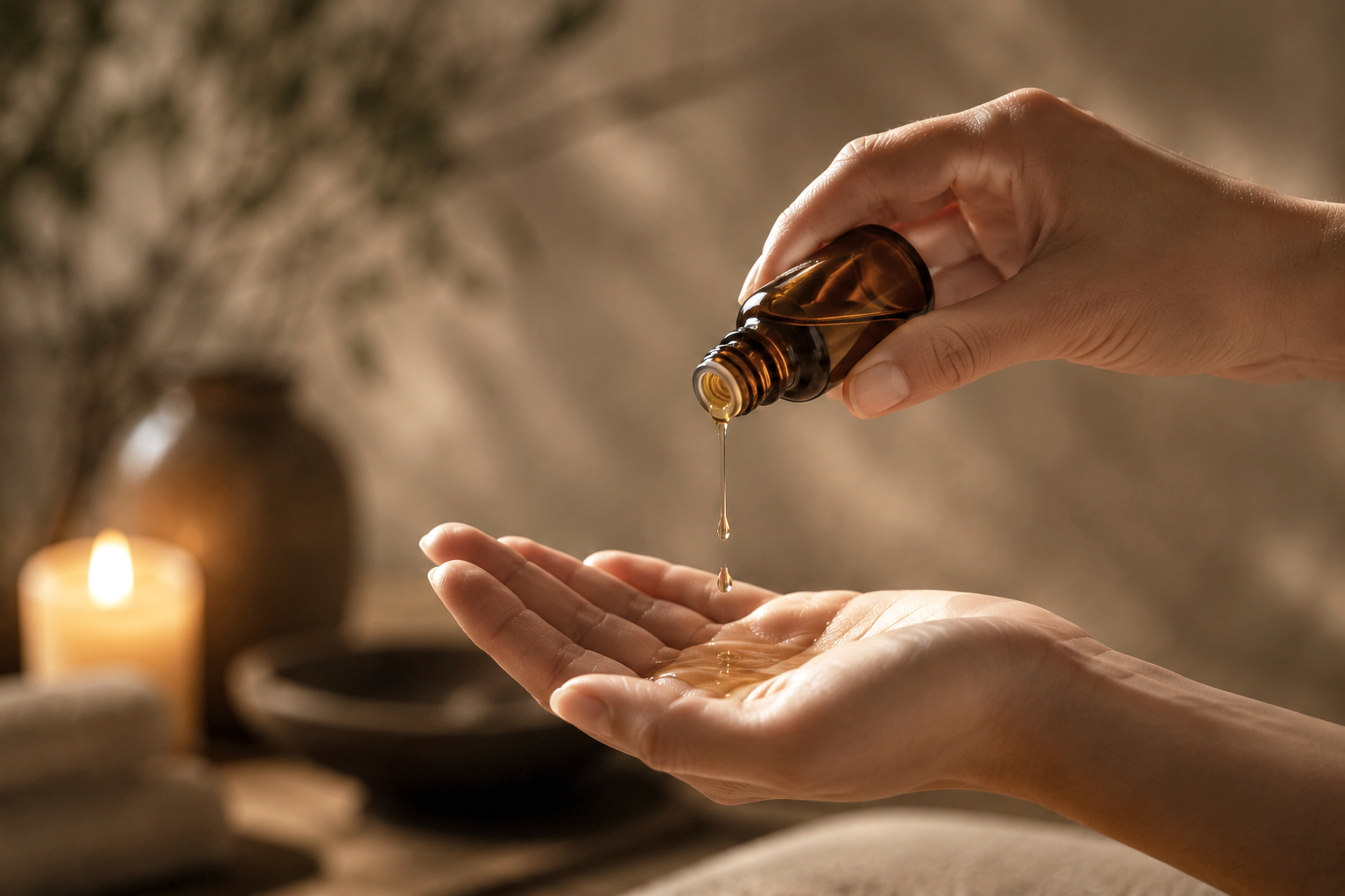 Person pouring a liquid from a brown glass bottle into an open palm in a spa setting with a lit candle in the background.