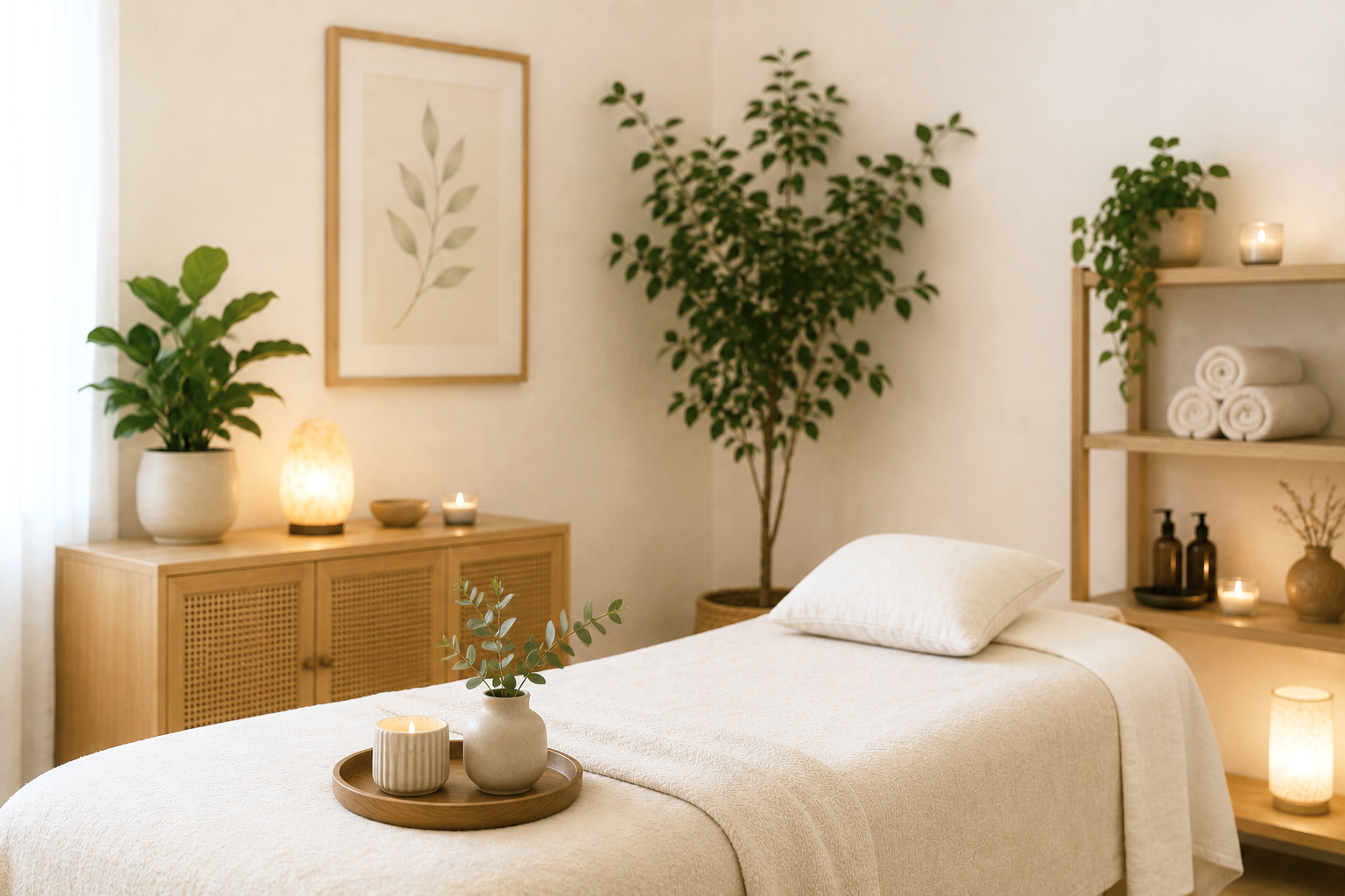 A tranquil spa room featuring a massage table covered with a beige sheet, decorated with candles and a small vase with greenery on a wooden tray. The room has natural wood furniture, green potted plants, framed botanical artwork, and soft lighting.