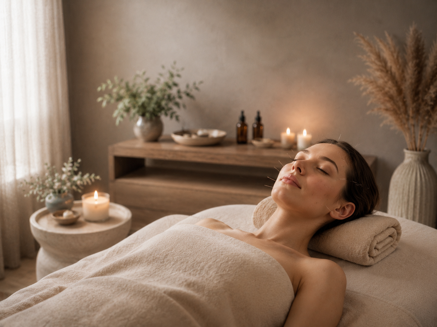 A woman lying on a massage table with her eyes closed, wrapped in a towel, in a peaceful spa setting with candles, plants, and calming decor.