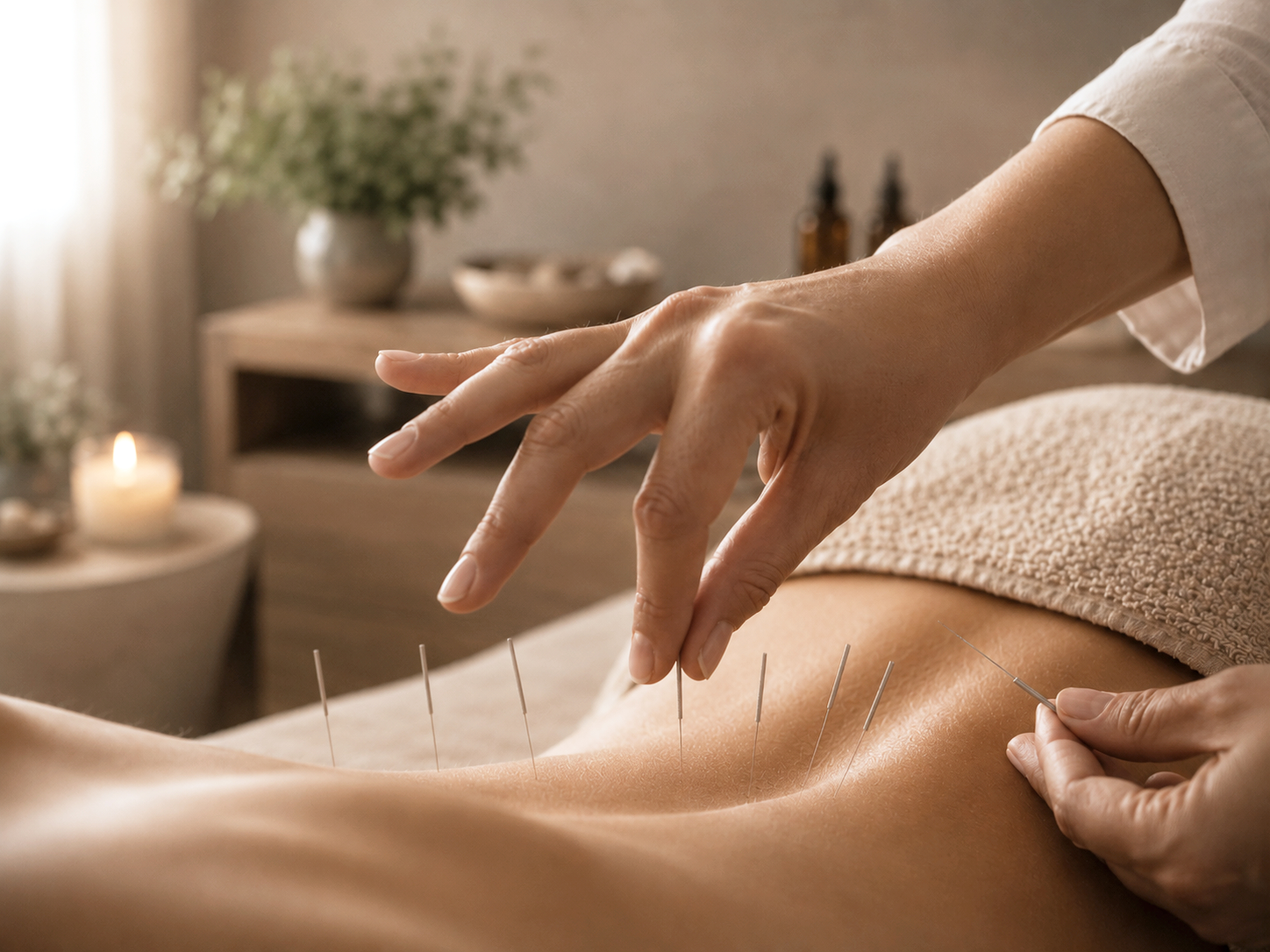 Person receiving acupuncture treatment in a calm, softly lit room with candles and plants.