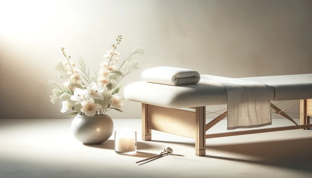 A spa or massage room with a massage table, folded towel, and a large vase of white flowers, a candle, and a wooden massage tool on a white surface.