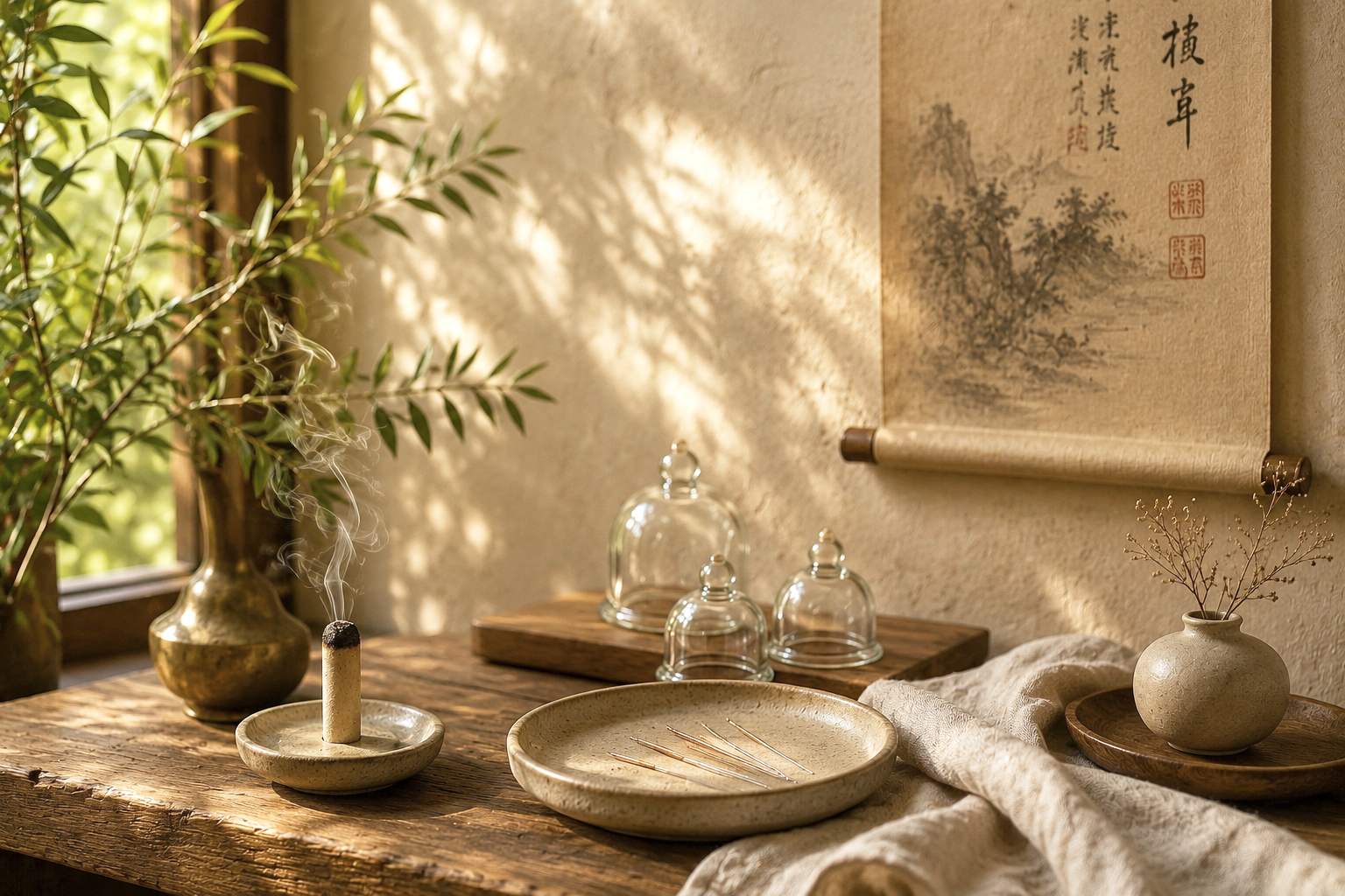 A rustic wooden table with ceramic dishes, glass jars, a small vase with dried flowers, a lit incense stick, and a greenery plant in a bronze vase in front of a window. A scroll with Asian calligraphy hangs on the wall, illuminated by natural sunlight creating shadows.