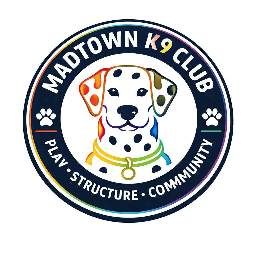 Logo for MADTOWN K9 CLUB with a smiling Dalmatian dog in multicolor outline, surrounded by text 'MAD TOWN K9 CLUB' and the words 'Play, Structure, Community'.