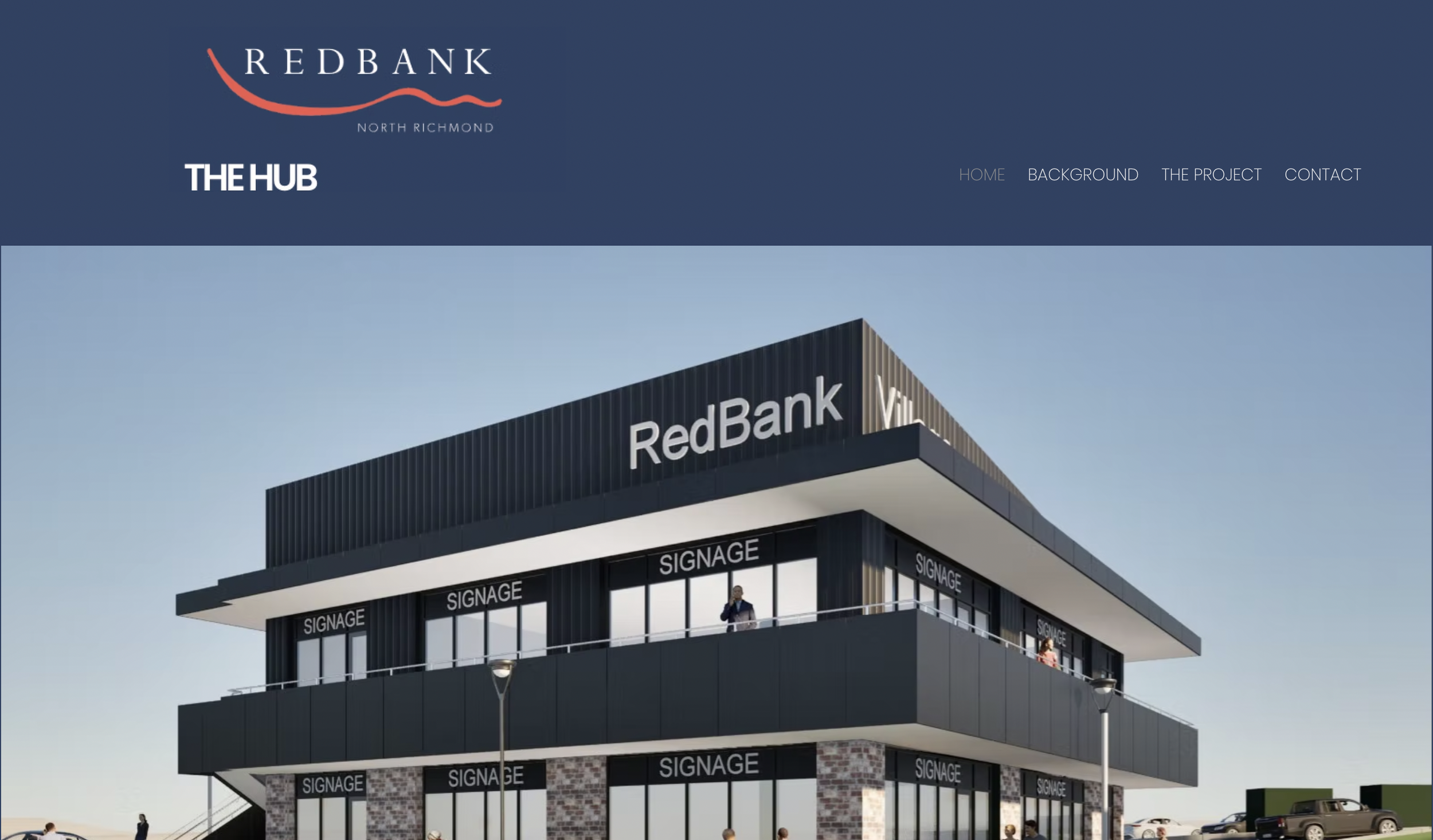 A modern, multi-story commercial building with the signs 'RedBank' and 'SIGNAGE' on its windows, people walking on the streets, and parked cars outside.