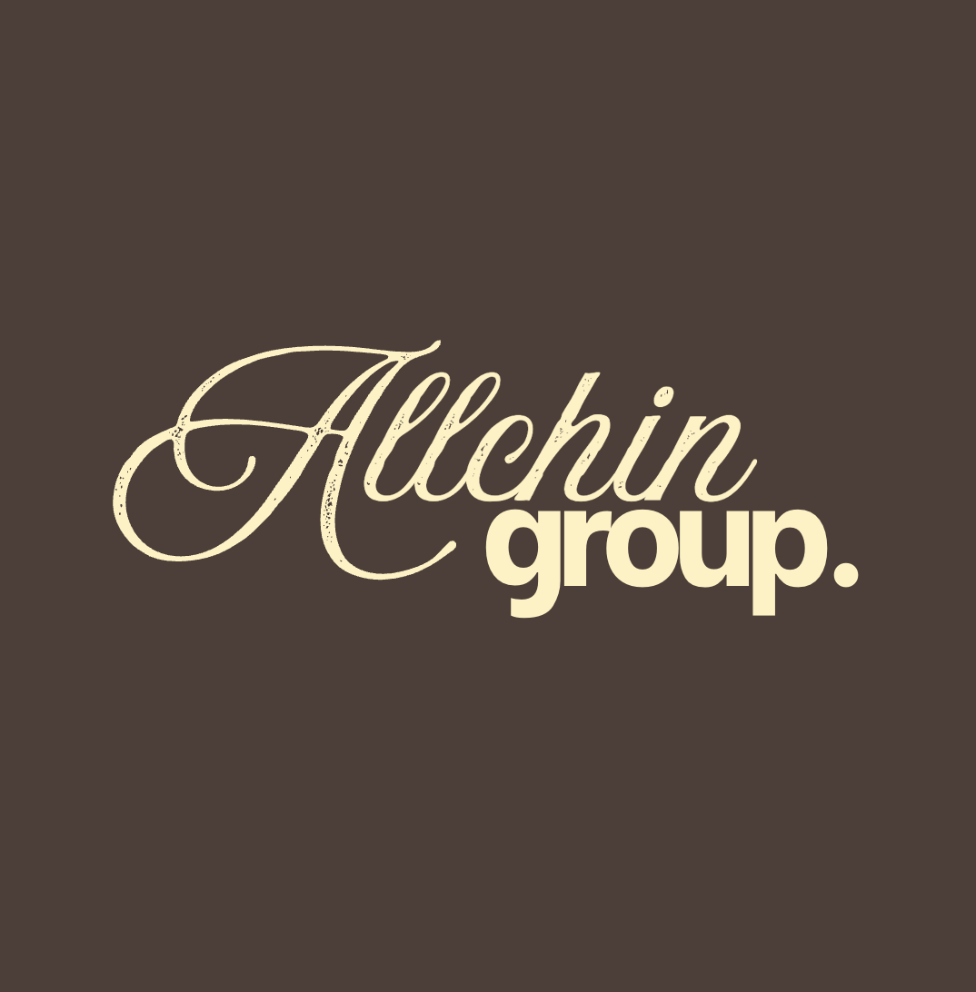 Brown background with the text 'Allchin group.' in cream-colored stylized font.