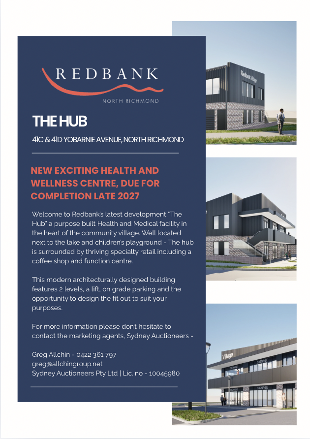 Flyer for Redbank North Richmond's new health and wellness center called The Hub, set to open late 2027. The flyer features images of the building's exterior and outlines details about the development, including its location, features, and contact in