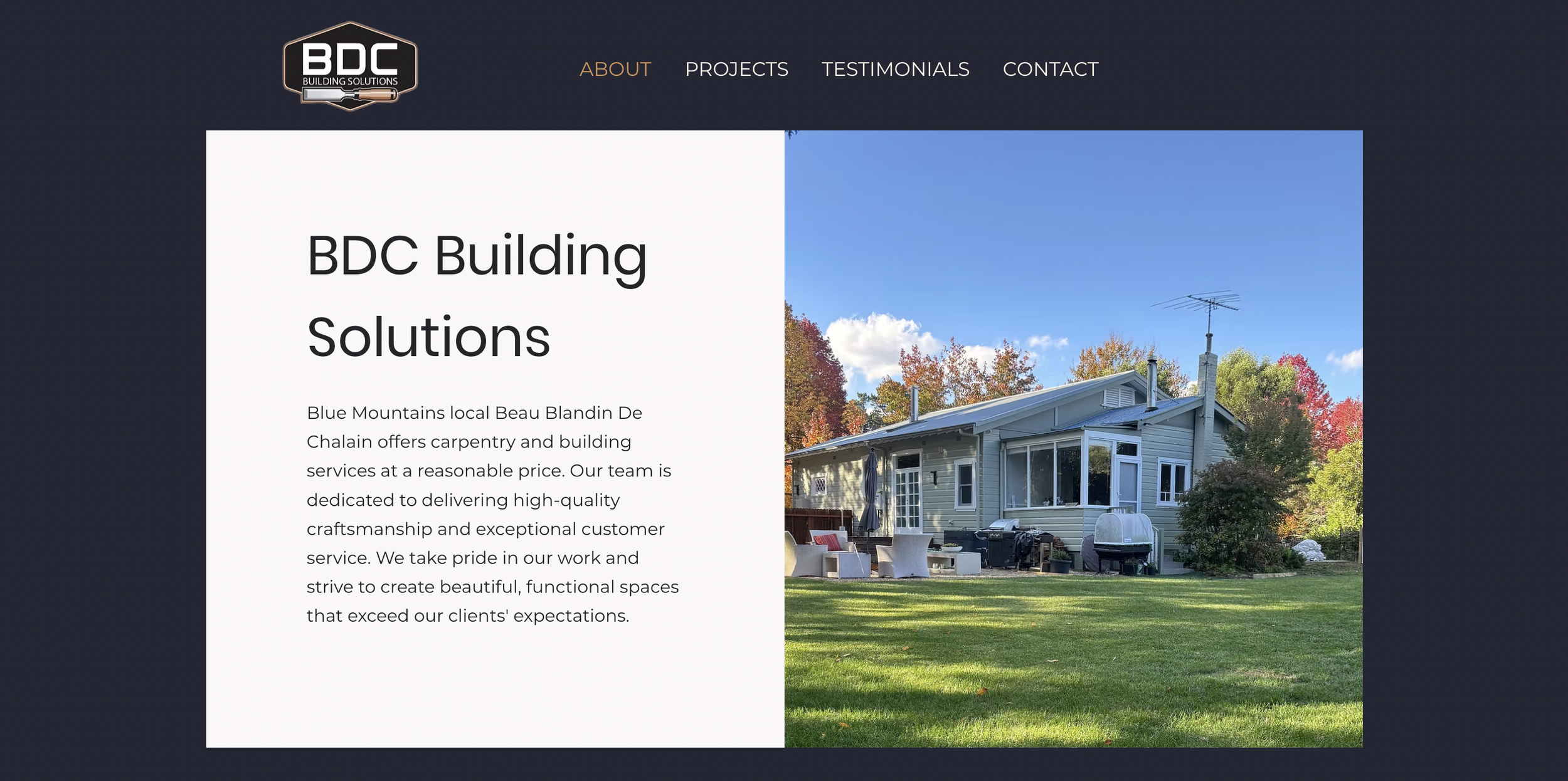 Screenshot of a website homepage for BDC Building Solutions, showing a navigation menu at the top with links for About, Projects, Testimonials, and Contact. The page features a split layout with a text section on the left describing the company's car