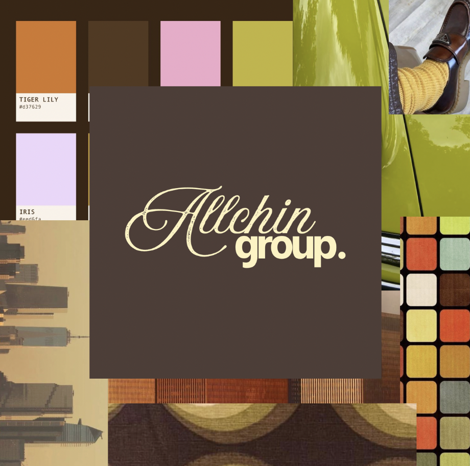 Collage of color swatches, a green car, a person wearing brown leather shoes and yellow socks, city skyline, and a logo reading 'Allchin group' in cream-colored cursive on a dark brown background.