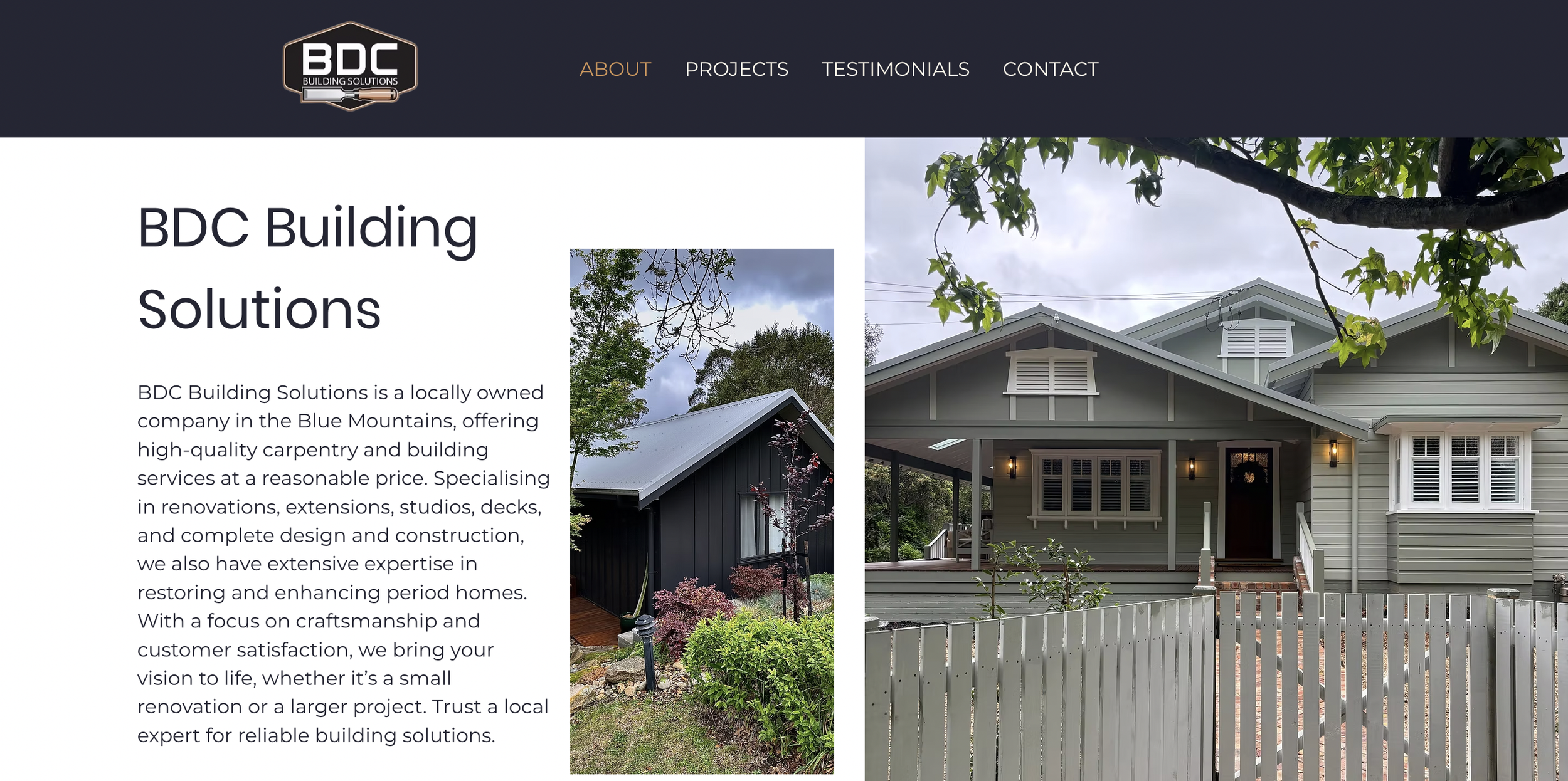 Screenshot of BDC Building Solutions website homepage showing introductory text about the company, alongside images of a black small building with a sloped roof and a larger white house with a front porch, fence, and trees outside.