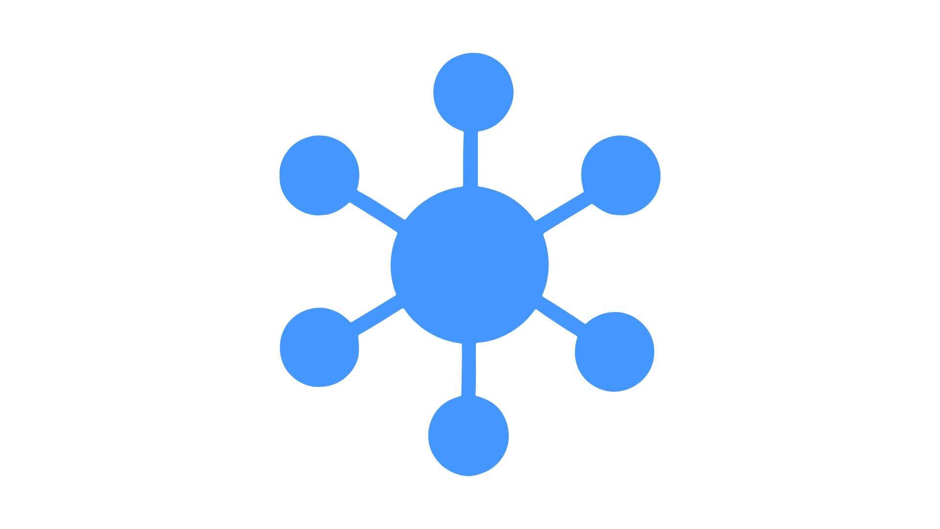 Diagram of a central molecule with six surrounding molecules connected by bonds, depicted in blue.