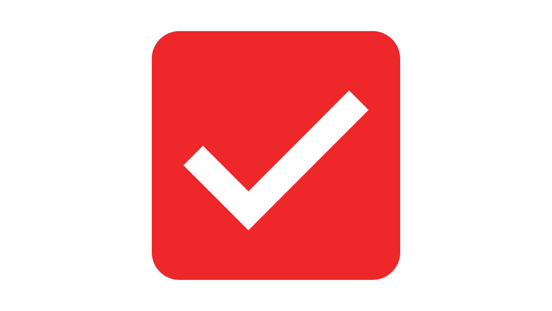 A red square with rounded corners featuring a black checkmark in the center.
