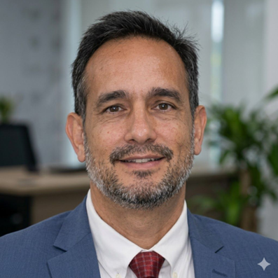 Professional headshot of a man in a suit and tie smiling, with an office background and plants.