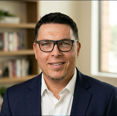Man with glasses, black hair, and a goatee wearing a navy suit and white shirt in an office with bookshelves and a window in the background.