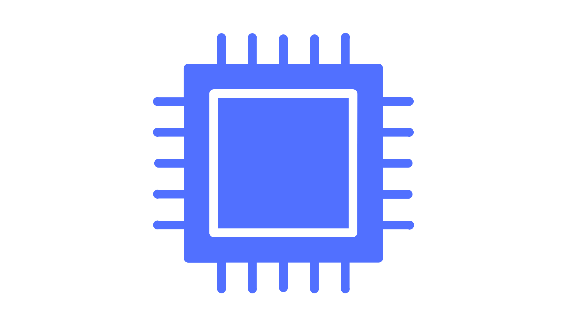 A stylized digital illustration of a computer chip with a blue color, featuring a central square section with a black border and small blue rectangles along the edges representing pins.