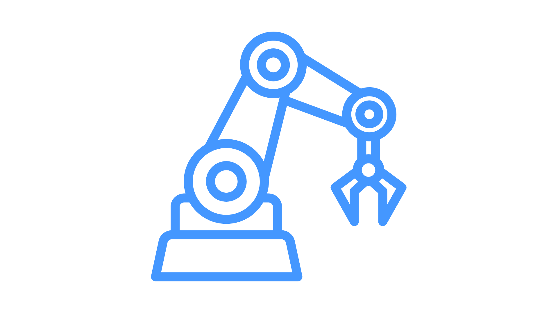 Line drawing of a robotic arm with a gripper, colored in blue on a black background.
