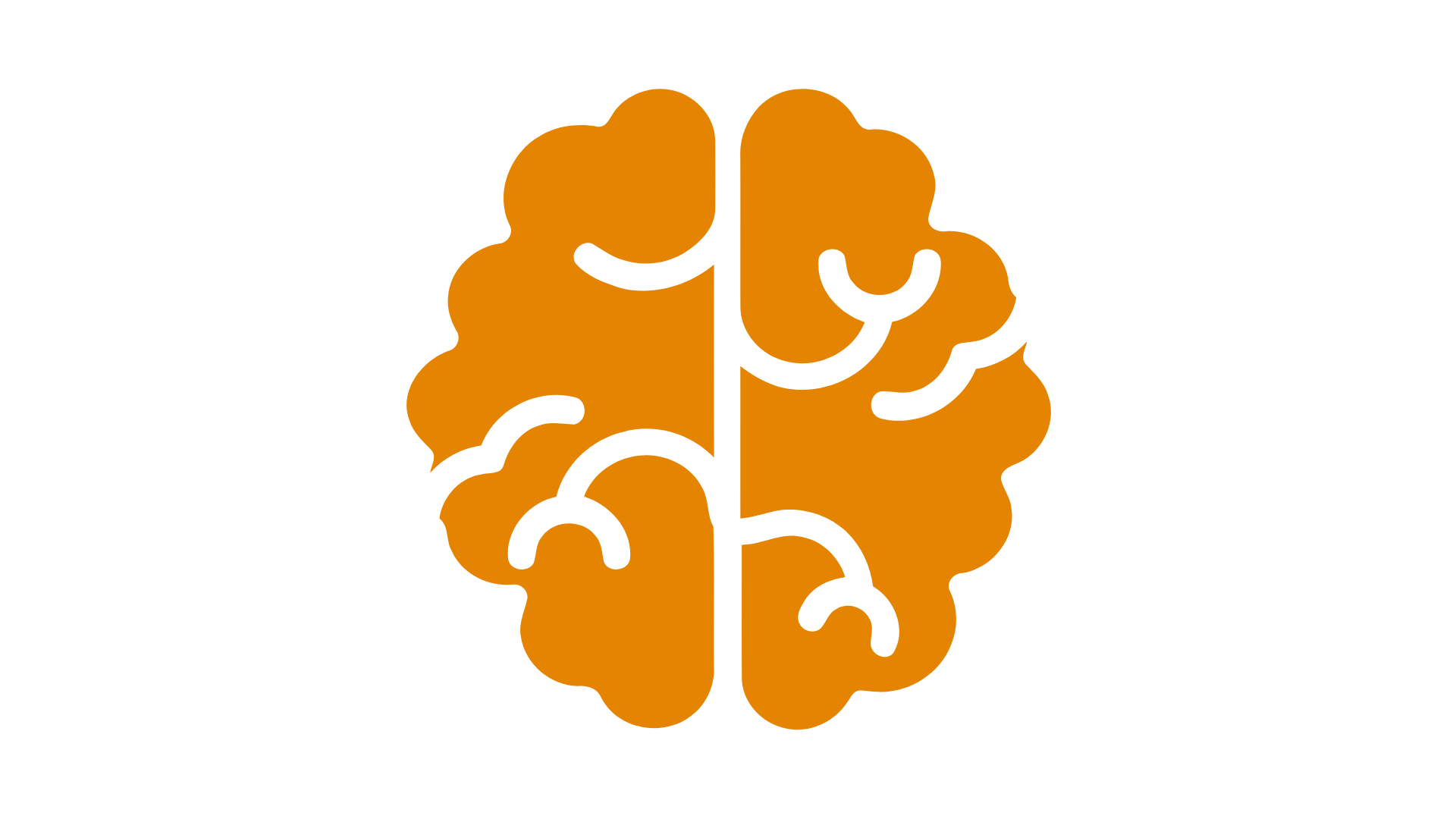 A stylized illustration of a brain divided into two halves, with the right half colored orange and the left half black, featuring smiling facial expressions on both halves.