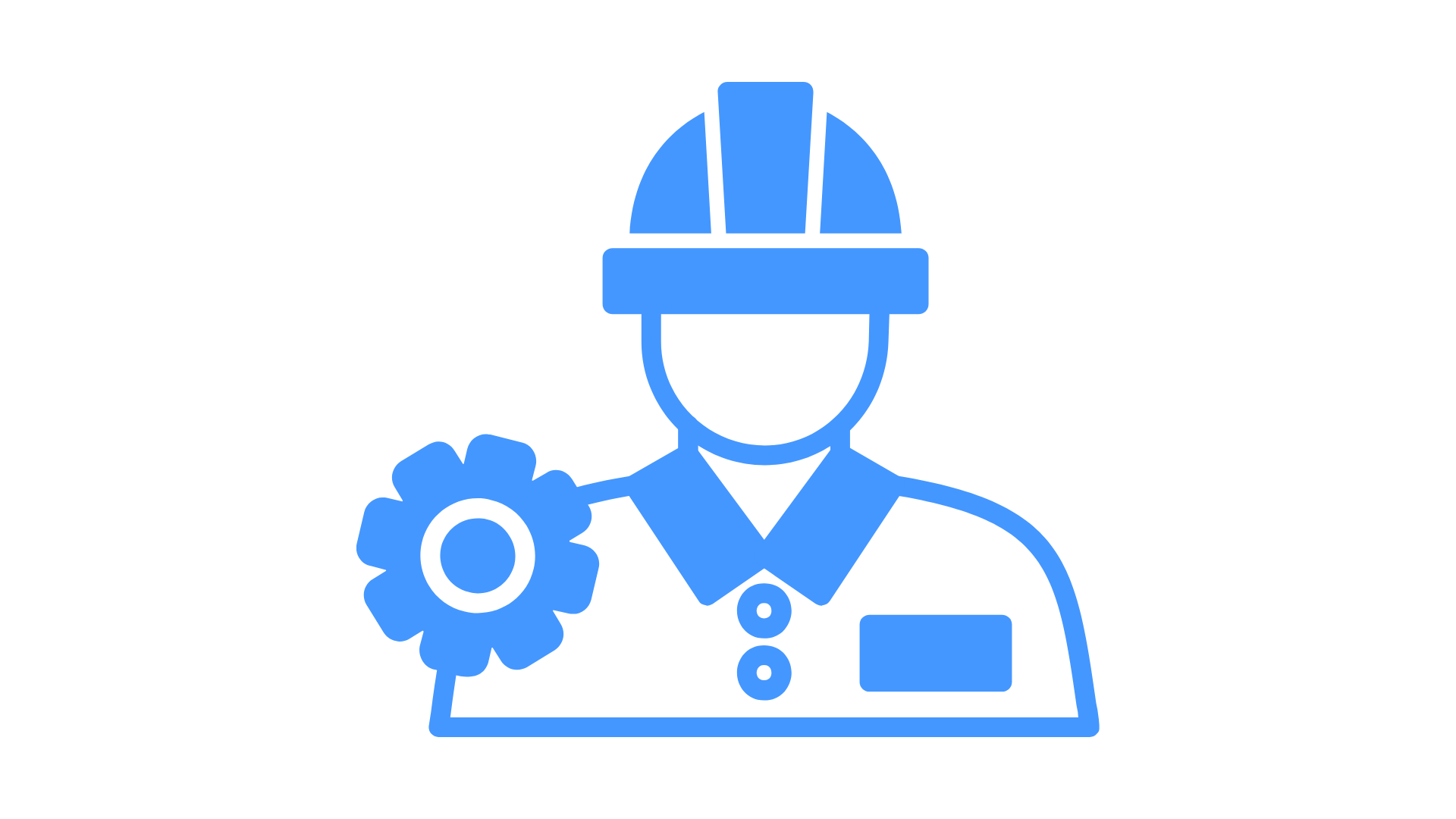 Line drawing of a person wearing a hard hat, with a gear symbol in one hand, representing an engineer or technician.